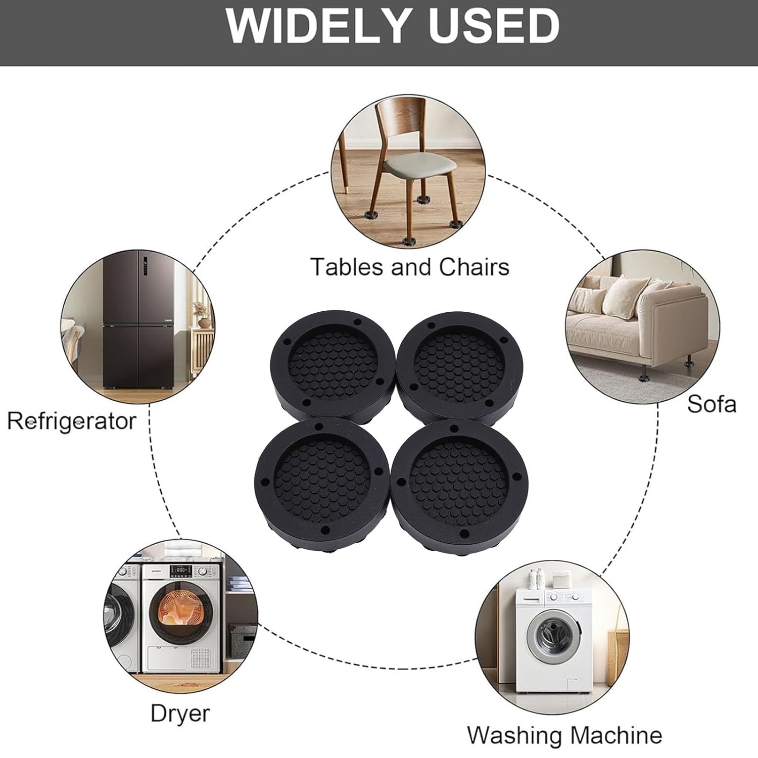 Diagram showing anti-vibration pads being widely used under various household items like washing machines, dryers, refrigerators, sofas, tables, and chairs.