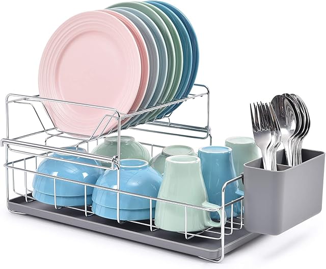 KINGRACK 2 Tier Dish Drainer Rack, Steel Dish Rack with Removable Cutlery Holder & Drip Tray, Compact Draining Rack, Dish Draining Rack, Kitchen Supplies Storage Rack, Grey