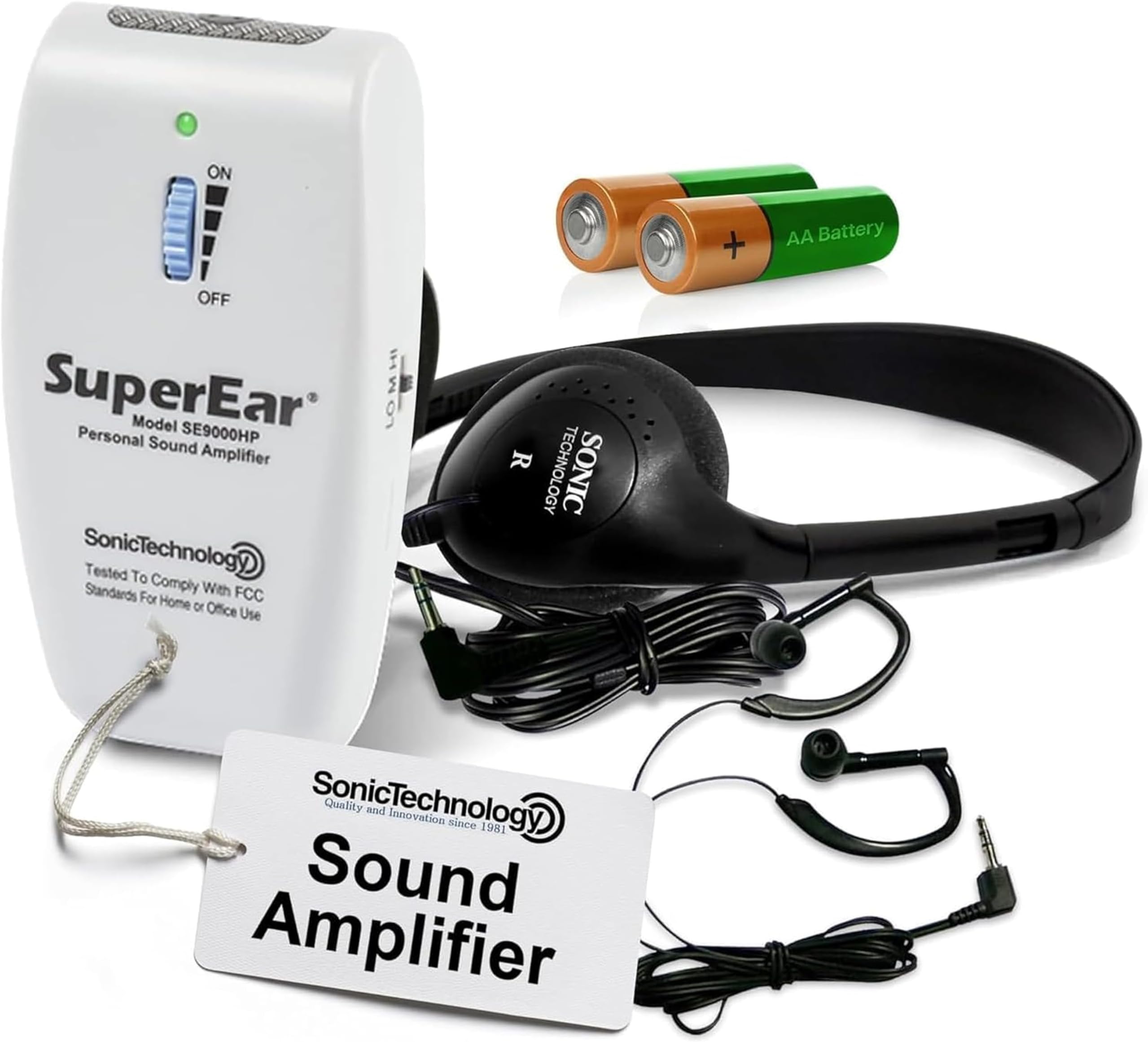 SE9000HP Hearing Amplifier – Rechargeable Personal Sound Amplification System with Headphones & Earbuds, 50dB Boost, 3-Tone Selection