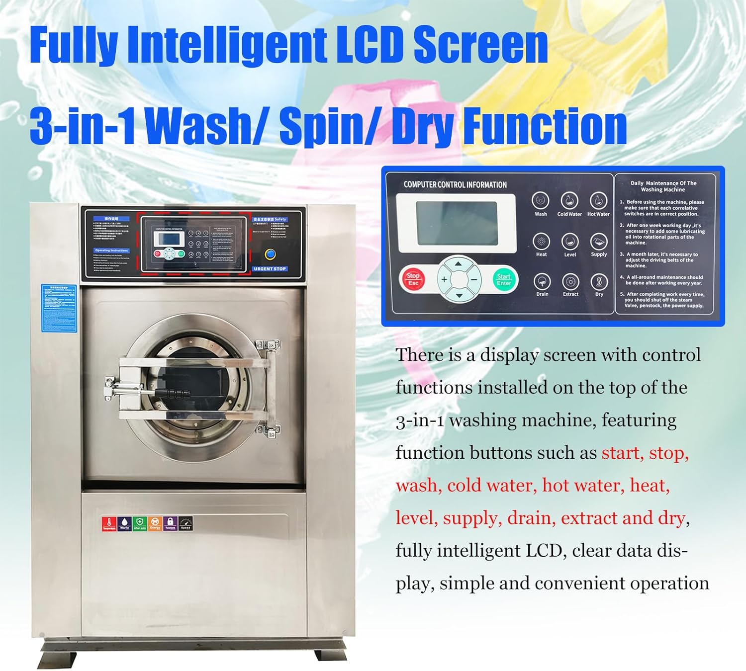 Industrial Laundry Washing Machine 44LBS Capacity Commercial Washer Industrial 3-in-1 Laundry Washing Spining Drying Machine 3PH Commercial Wash+Spin+Dry Machine, 220V