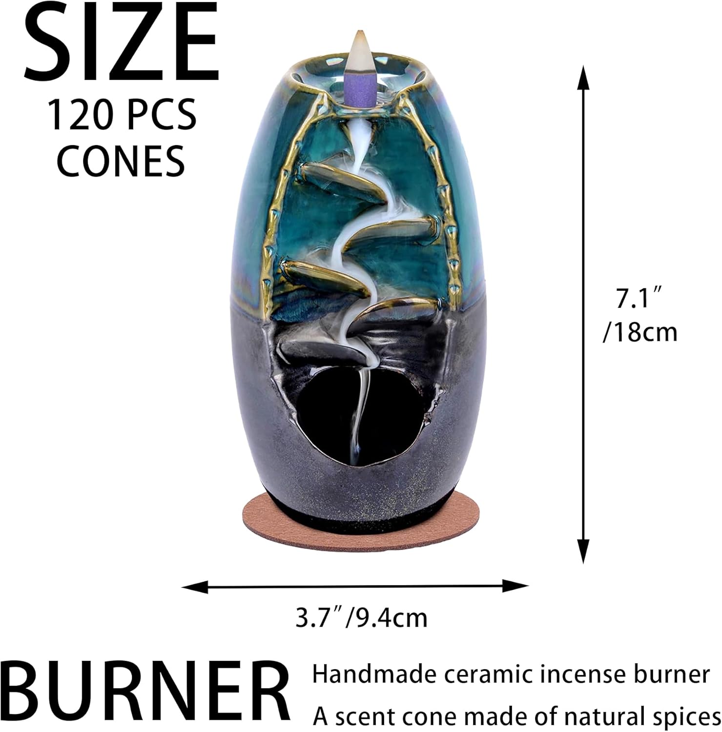 Incense Burner, Backflow Incense Holder Ceramics Waterfall Incense Fountain with 120 Backflow Incense Cones, 30 Incense Sticks, Aromatcherapy Ornament for Home Office