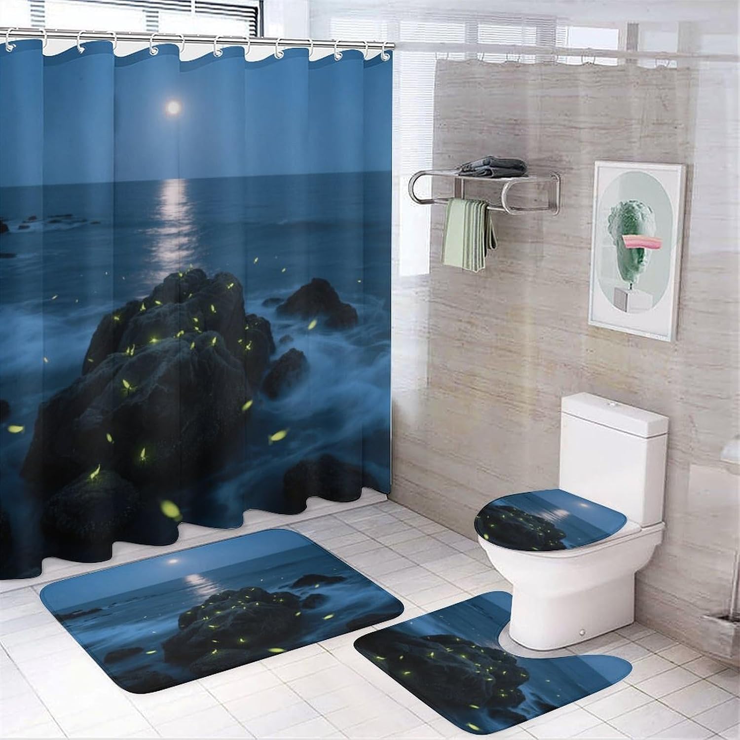 Firefly Reef Bath Rug Set 4 Piece,Bathroom Accessories Set-Toilet Rugs U Shaped,Toilet Lid Cover,Shower Curtain and Rugs,Ultra Soft, Absorbent,Home Decor