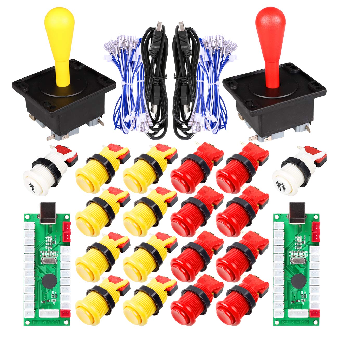 2 Player Gioco Arcade Fai da Te Kit Ellisse Ovale Happ Tipo di Joystick Maniglia + 18x Americano in Stile Arcade Pulsanti (Includere 1p 2p Start Pulsante) (Rosso e Giallo)