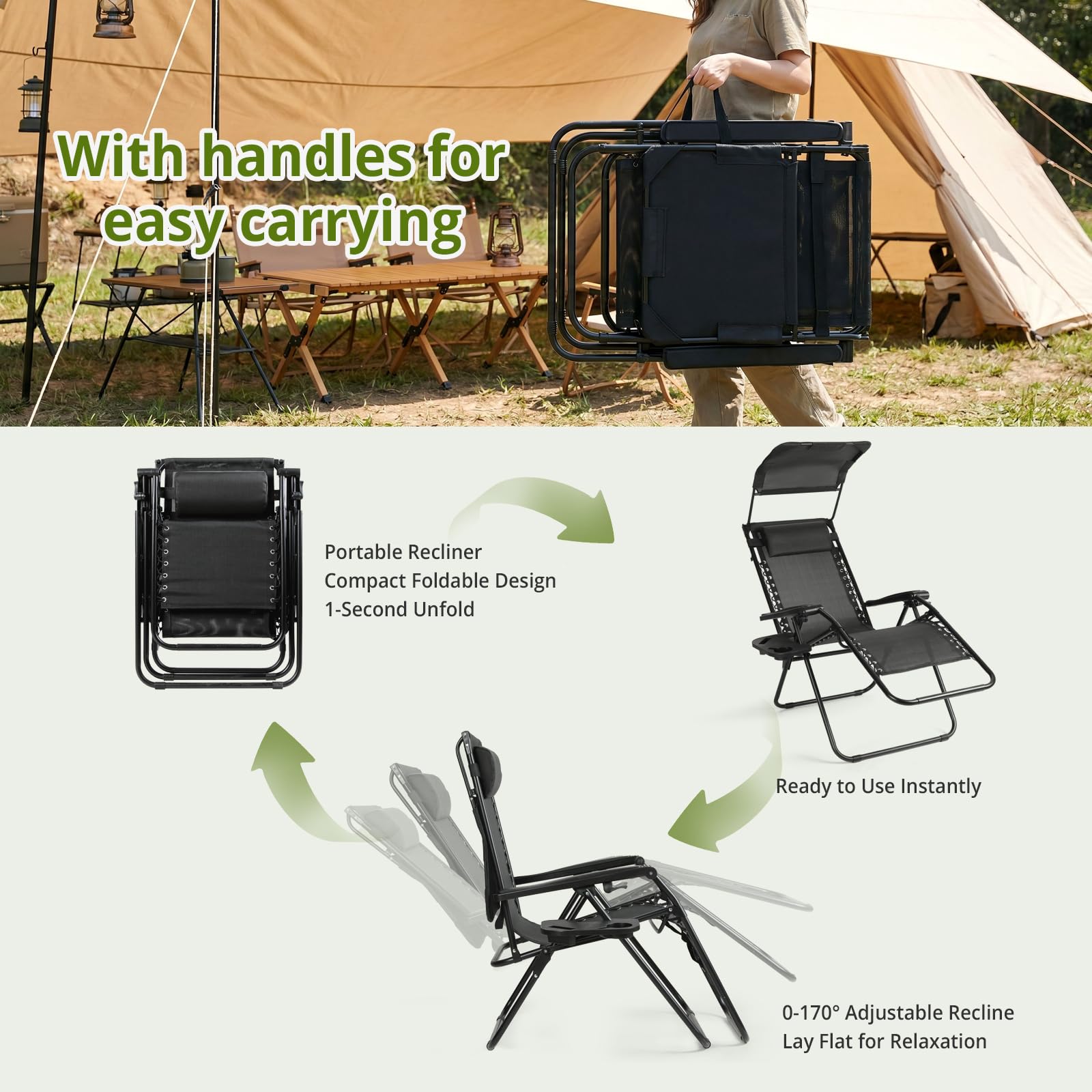 VOWNER Pack de 2 Sillas de Gravedad Cero Plegables, Tumbona de Jardín con Parasol Ajustable y Posavasos, Sillón Relax para Balcón, Terraza, Camping, Playa