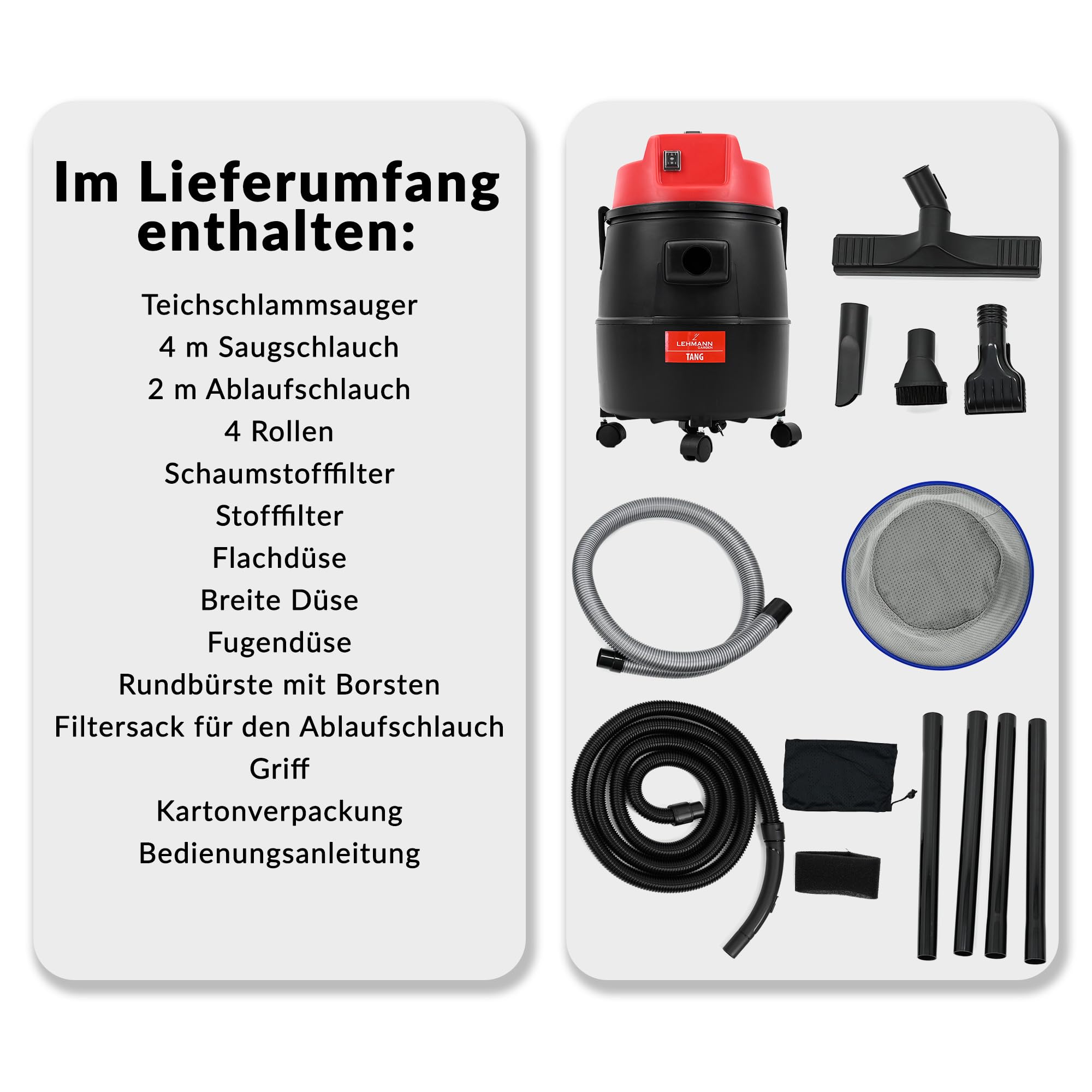 LEHMANN Teichschlammsauger 4-in-1, 1400 W, Teichsauger Schlammsauger mit 30-L-Behälter, Nass- & Trockensauger mit Gebläsefunktion, Effektive Teich- und Poolreinigung, Poolsauger mit Zubehör