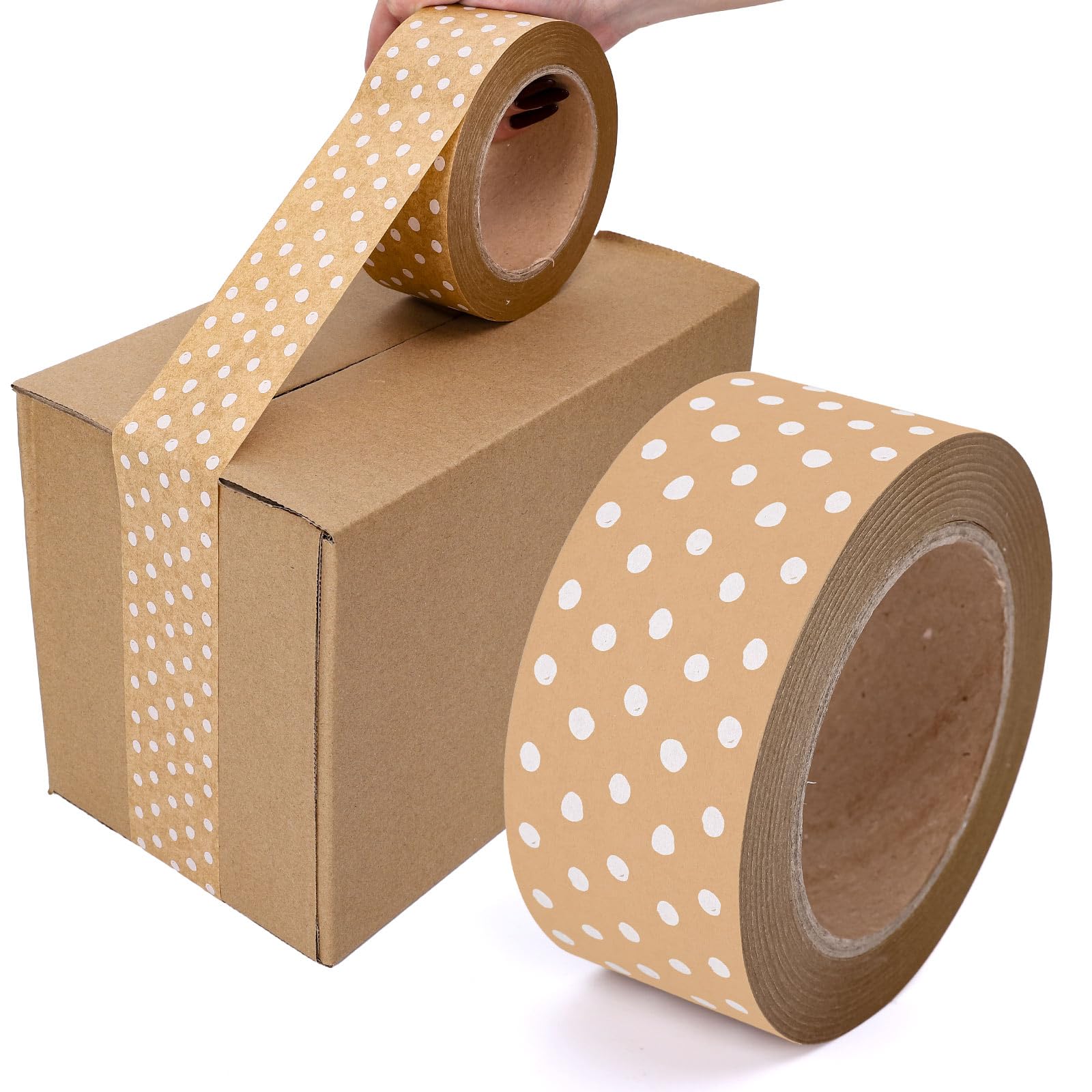 FYSUIMU 55 Yard Kraft Paper Packing Tape White Polka Dot Brown Gift Wrapping Tape Waterproof Shipping Tape for Small Business DIY Crafts Box Carton