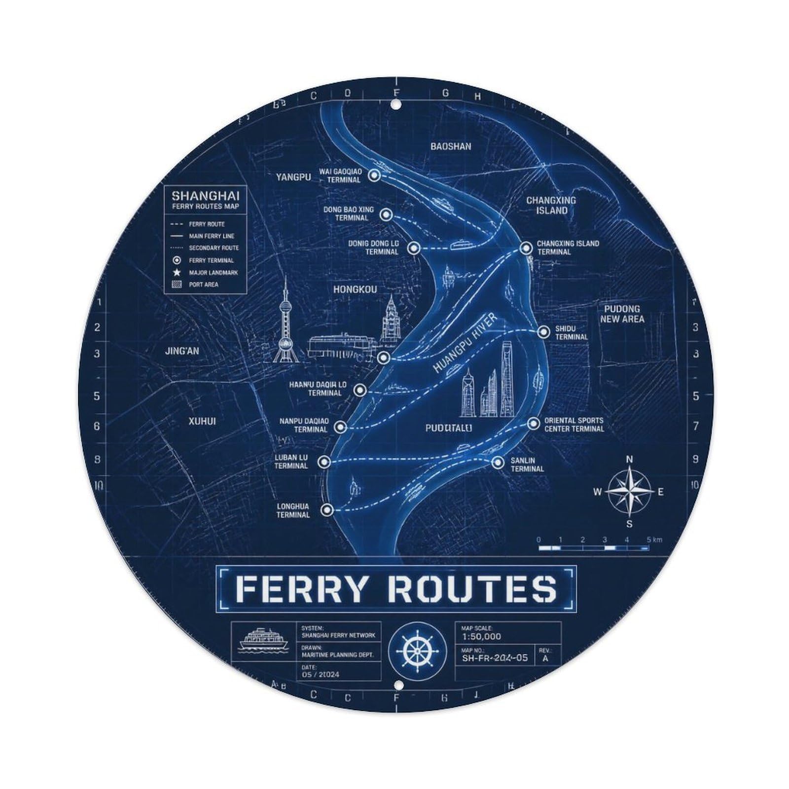 Okngb Style Ferry Routes Shanghai Collage Travel Collector Badge Metal Tin Sign Plaque Wall Decor For Cafe, Man Cave, Club Bar, Office, Home Garden Round Metal Poster 8X8inch