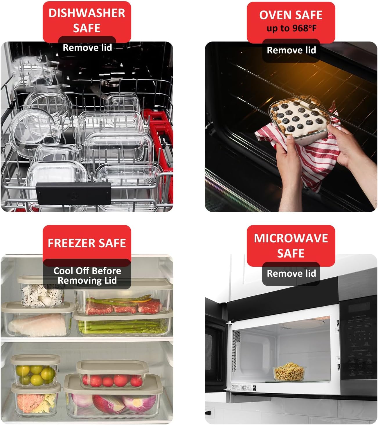 EATEX 6 Pack Glass Meal Prep Containers with Grooved Base, 6 Stackable BPA Free Glass Storage Containers with Lids for Lunch, Pantry, and Kitchen - Microwave, Dishwasher Freezer & Oven Safe - Cream