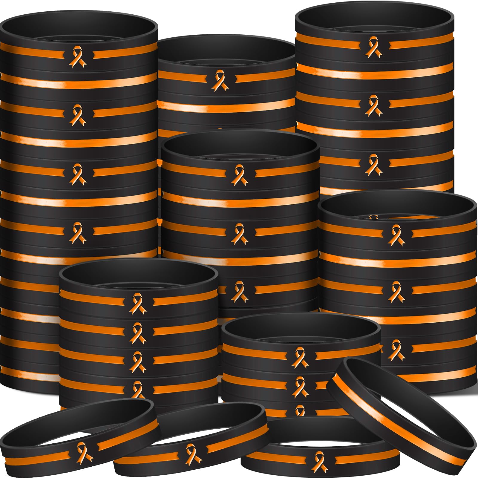 Hiboom 100 Pieces Orange Ribbon Silicone Bracelet Leukemia Kidney Cancer Multiple Sclerosis Awareness Rubber Wristband for Women Men Cancer Survivor Public Charity Fundraiser Gifts