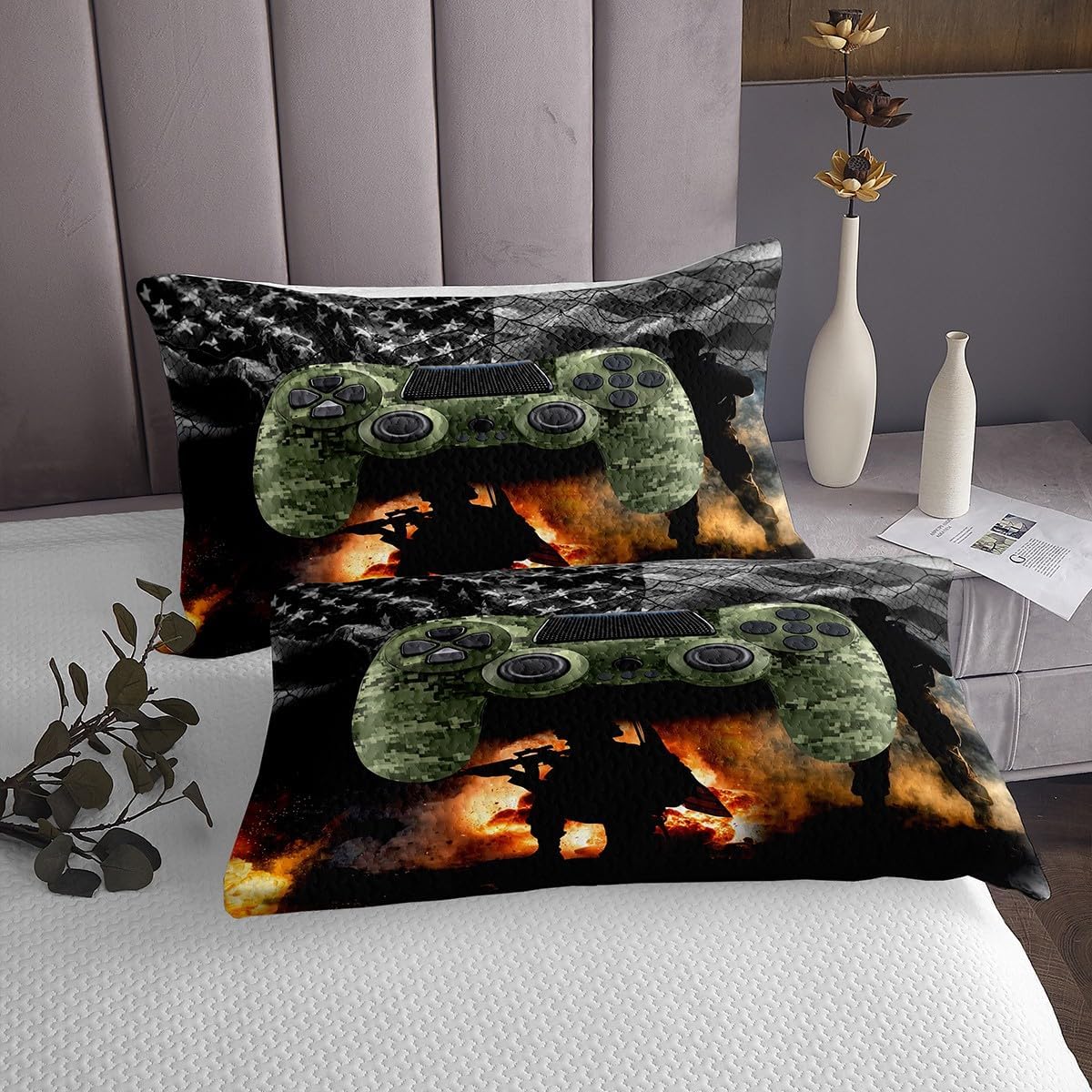 Camo Gamepad Coverlet Set Twin Size,Soldier Silhouette Bedspread Quilt Set Iron Net Quilted, Man Fashion Soft Home Decorative 2 Pieces(1 Bedspread and 1 Pillowcase)