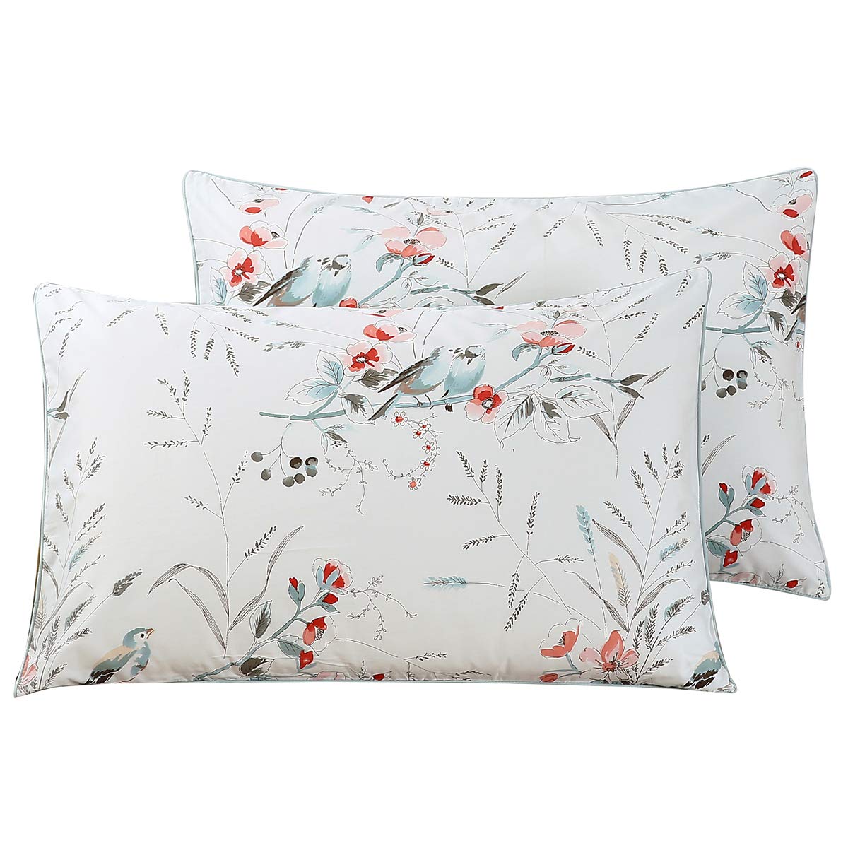 WINLIFE 100% Cotton Pillowcases Garden Floral Birds Printed on White Pillow Cases Set of 2 Pillow Cover (Queen 20x30'', Birds Floral)