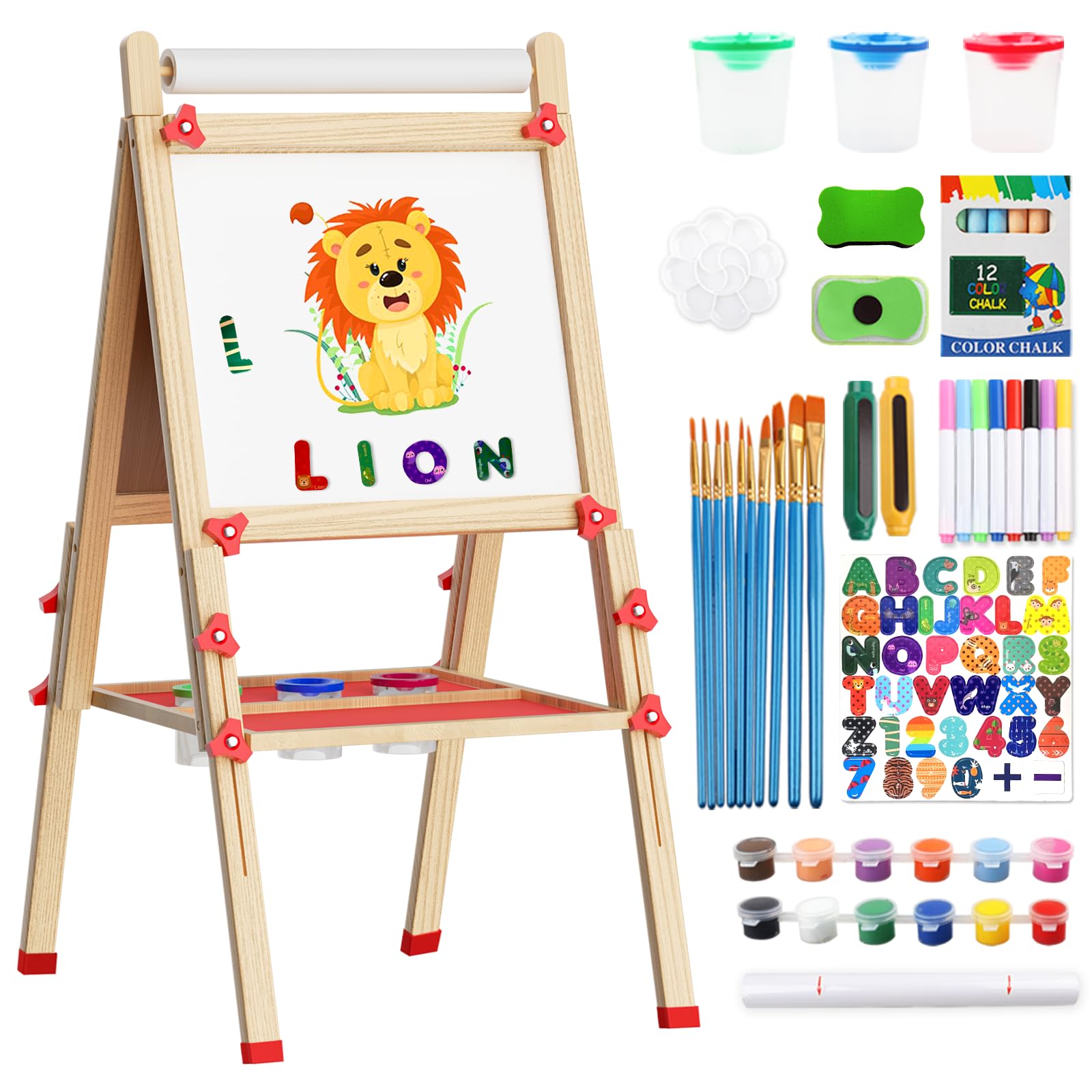 Easel for Kids,Toddler Dry Erase Board Including 100+ Accessories, Kid Easels Double Sided Magnetic White Board & Chalk Board & Paper Roll, Height