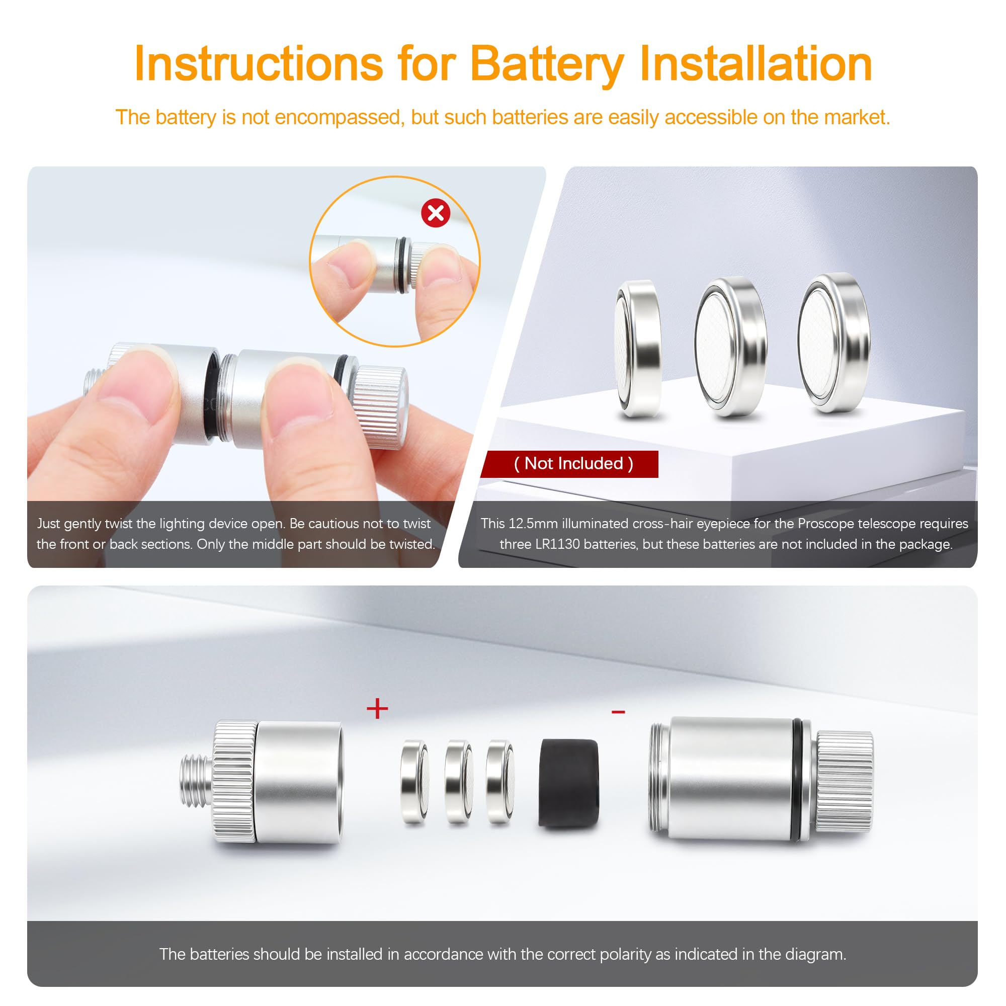 Astromania Ocular telescópico Plossl Iluminado de retícula de 12,5 mm, Imagen Ajustable y Enfoque de retícula e iluminación LED Ajustable