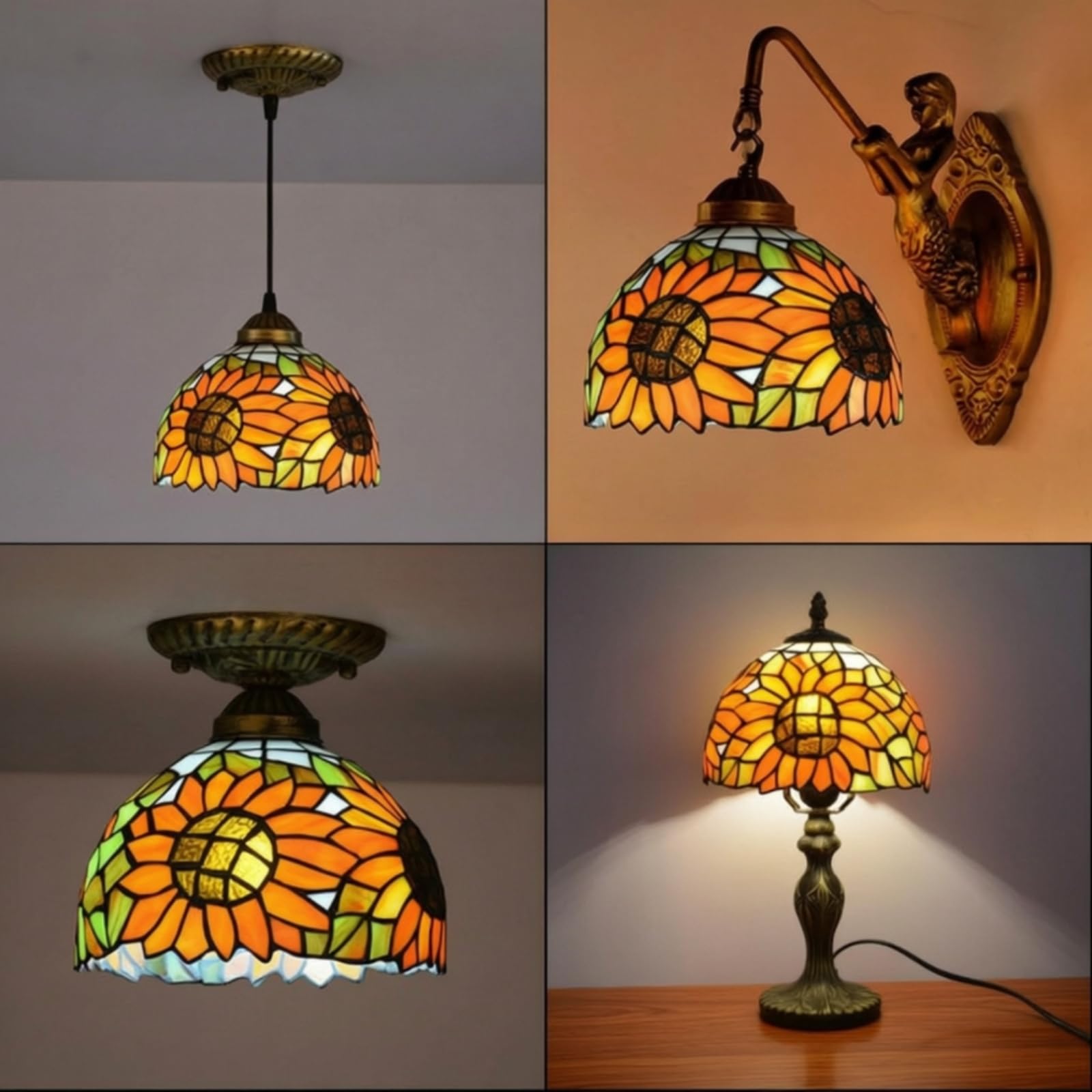 Pantalla de Lámpara Art Nouveau Pantalla, Estilo Tiffany Con Girasol, Orificio Superior Grande De 4.2cm, Compatible Con Casquillos E26/E27