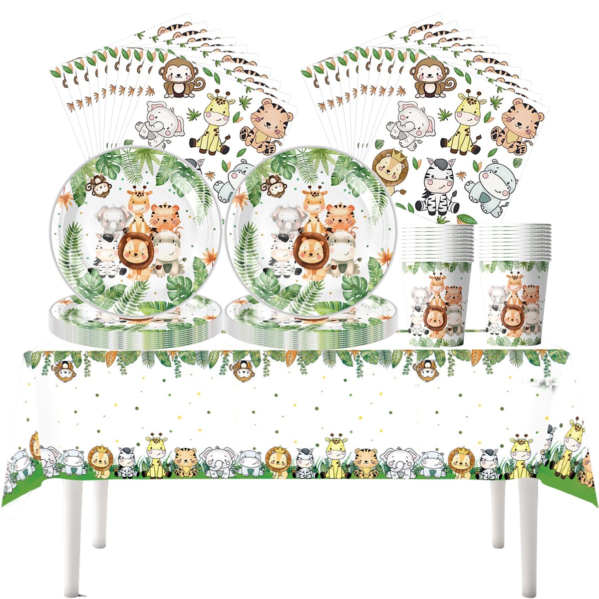 Fuwraixis Jungle animals party tableware, 61 piece Little Elephant and Lion birthday decoration cutlery, Cute tiger party supplies set, Includes paper cups, plates, napkins and tablecloths(20 guests) — image 1