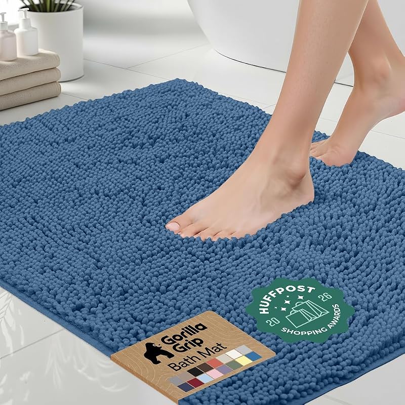 GORILLA GRIP Bath Rug Mat, Thick Soft Absorbent Chenille, Quick Dry Microfiber Mats, Rubber Backing Washable Shower Floor Rugs, US Designed Bathroom Bathmat Home Decor Accessories, 24x17, Blue