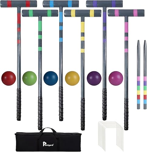 Miniatura 10 de Pointyard Juego de croquet de 35 pulgadas para seis jugadores, Deluxe [estilo retro Annatto] juego de croquet con mazos de madera/bolas