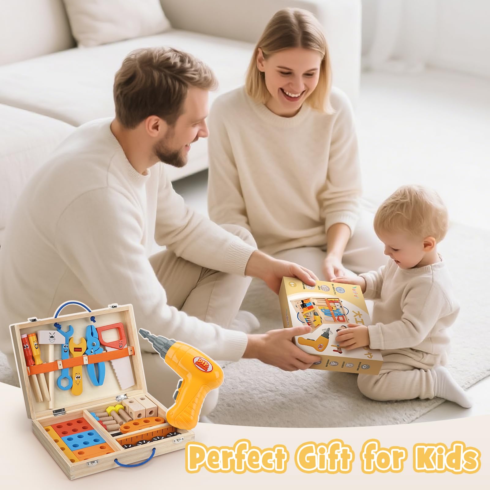 Vanplay Zestaw narzędzi dla dzieci, drewniane zabawki, Montessori, dla dzieci w wieku od 3 lat, z wiertarką, skrzynka narzędziowa, zabawki dla dzieci w wieku 3, 4, 5, 6 lat, chłopców i dziewcząt