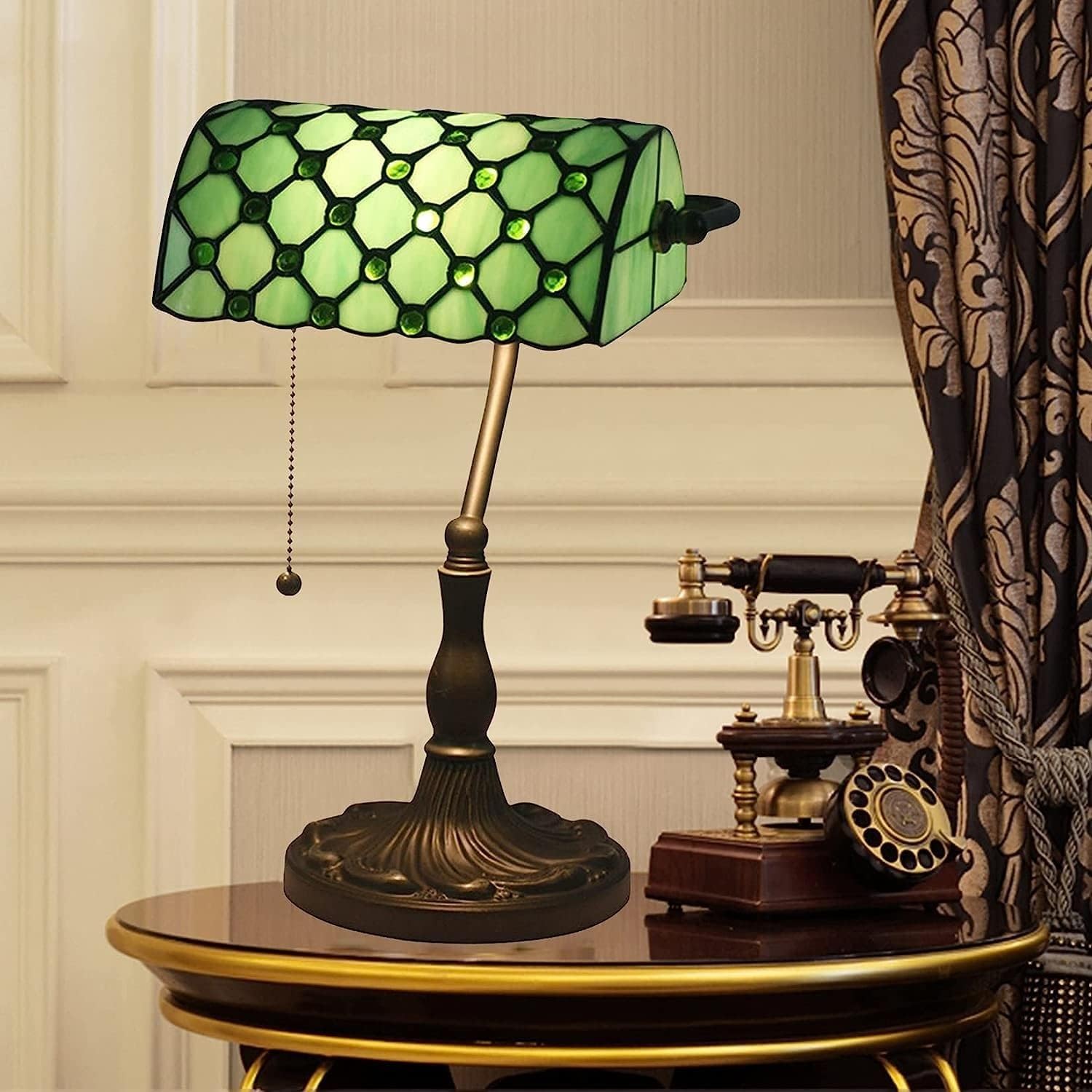 Bankier's Tischlampe, farbige Glaslampe, Kristallperlenschreibtischlampe, Schlafzimmer in der Nacht Leselampe (Emerald Green Glass Perlen Schatten) Innovate