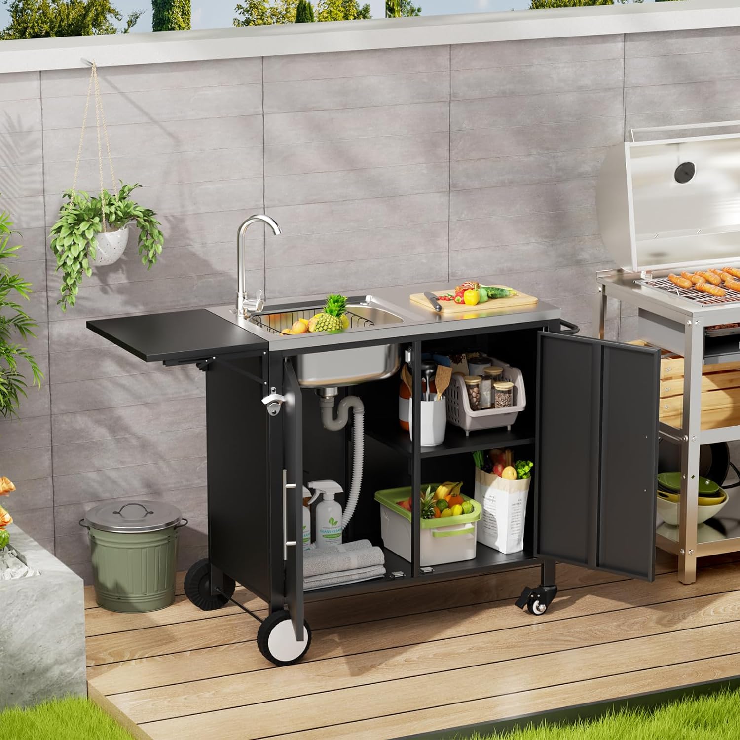 Outdoor Grill Table with Sink, Metal Worktable Kitchen Cabinet Island with Foldable Top and Storage Cabinet, Rolling Grill Cart with Wheels for Garden, Backyard and Lawn (Black with Foldable Top)