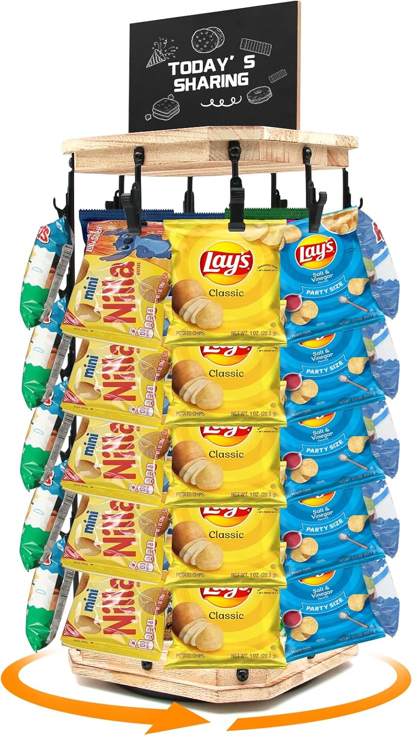 Acelane Chip Rack Display Stand, 360° Rotating Wooden Base Chip Rack Bag Holder, 5 Tiers 40 Clips Snack Organizer Candy Display for Concession Stand Countertop, Retail, Office Desk, Party