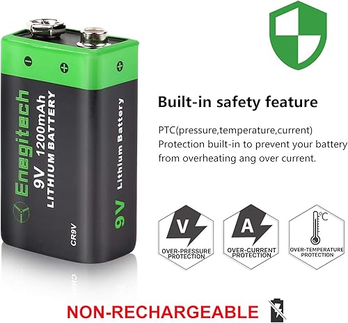 Miniatura 3 de Enegitech Batería de litio de 9 V, batería de litio de 9 voltios de 1200 mAh para detector de humo, alarma de incendios, cerradura de puerta de