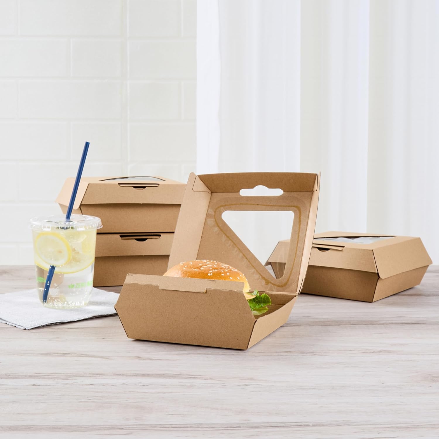Restaurantware Clamshell Food Container 100 Count 5.41 x 5.5 x 2.63 Inches Paper Corrugated Take-Out Box Disposable Kraft Greaseproof Food Box For Burgers And Sandwiches