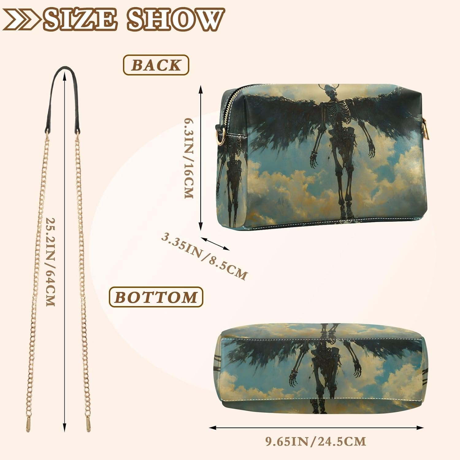 Women Crossbody Bag Shoulder Handbag Cellphone Purse PU Leather Metal Chain Strap Water Resistant Zipper Closure Skeleton Angel Print