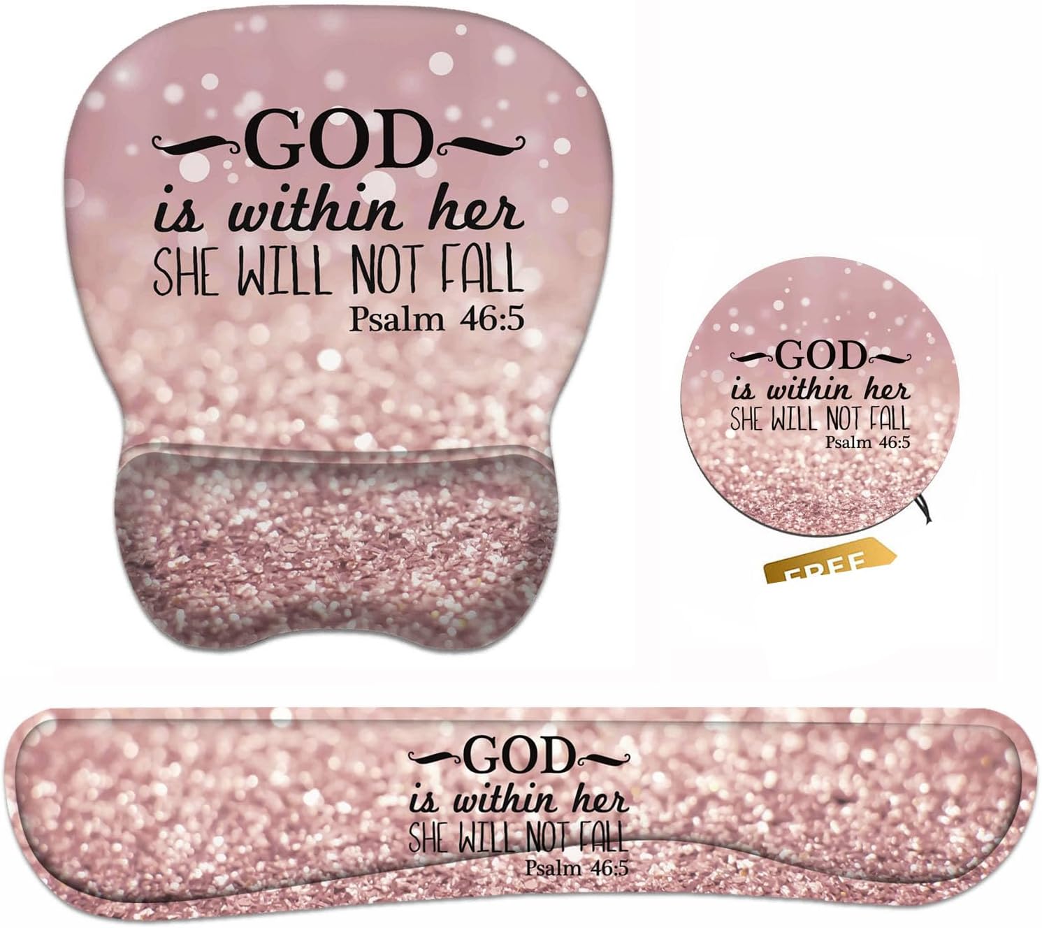 Ergonomic Mouse Pad Wrist Support and Keyboard Wrist Rest Set with Coasters, Non-Slip PU Base, Easy Typing & Pain Relief, Perfect for Home Office Working Studying, Bible Verse Psalm 46:5