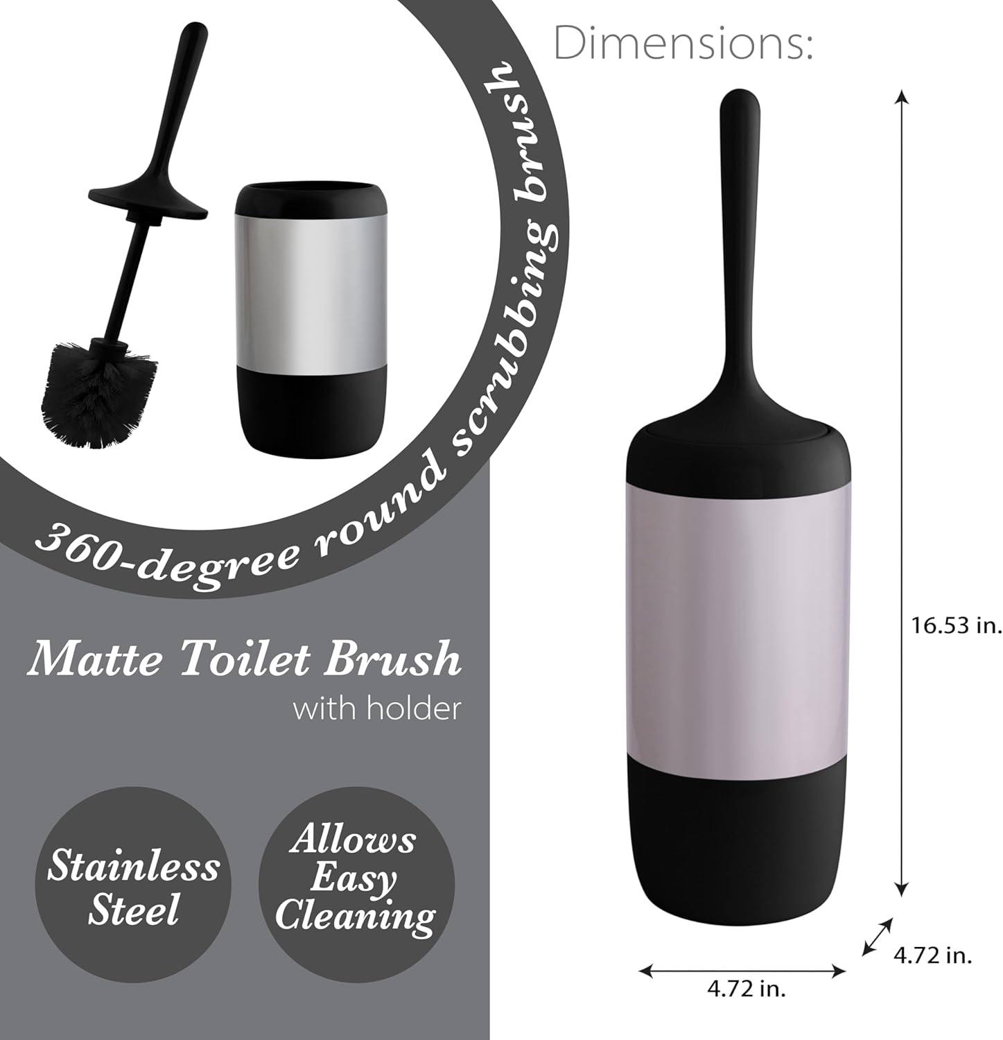 Bath Bliss Smooth Matte Stainless Waste Bin and Toilet Brush | Dimensions: 7.9" x 7.9" x 9.8"- Wastebasket | Dimensions: 4.7"x 4.7"x 16.5"- Toilet Brush| Bathroom Accessories | Black