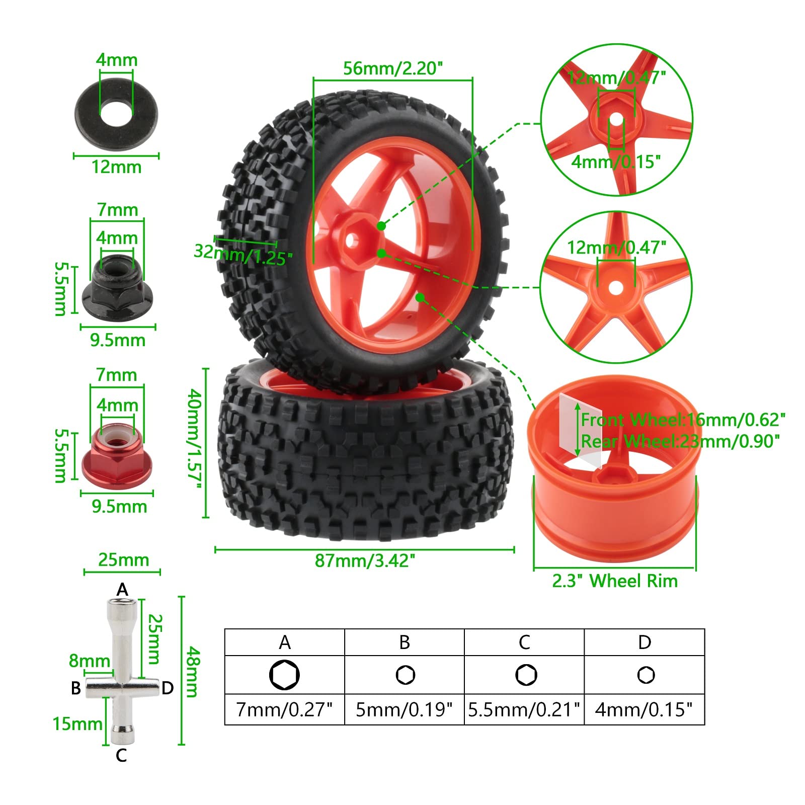 Rchobbytop 4pcs 1/10 Scale RC Buggy Tires & Wheels - 12mm Hex, 88mm Outer Diameter, With Nuts & Wrench - View #4