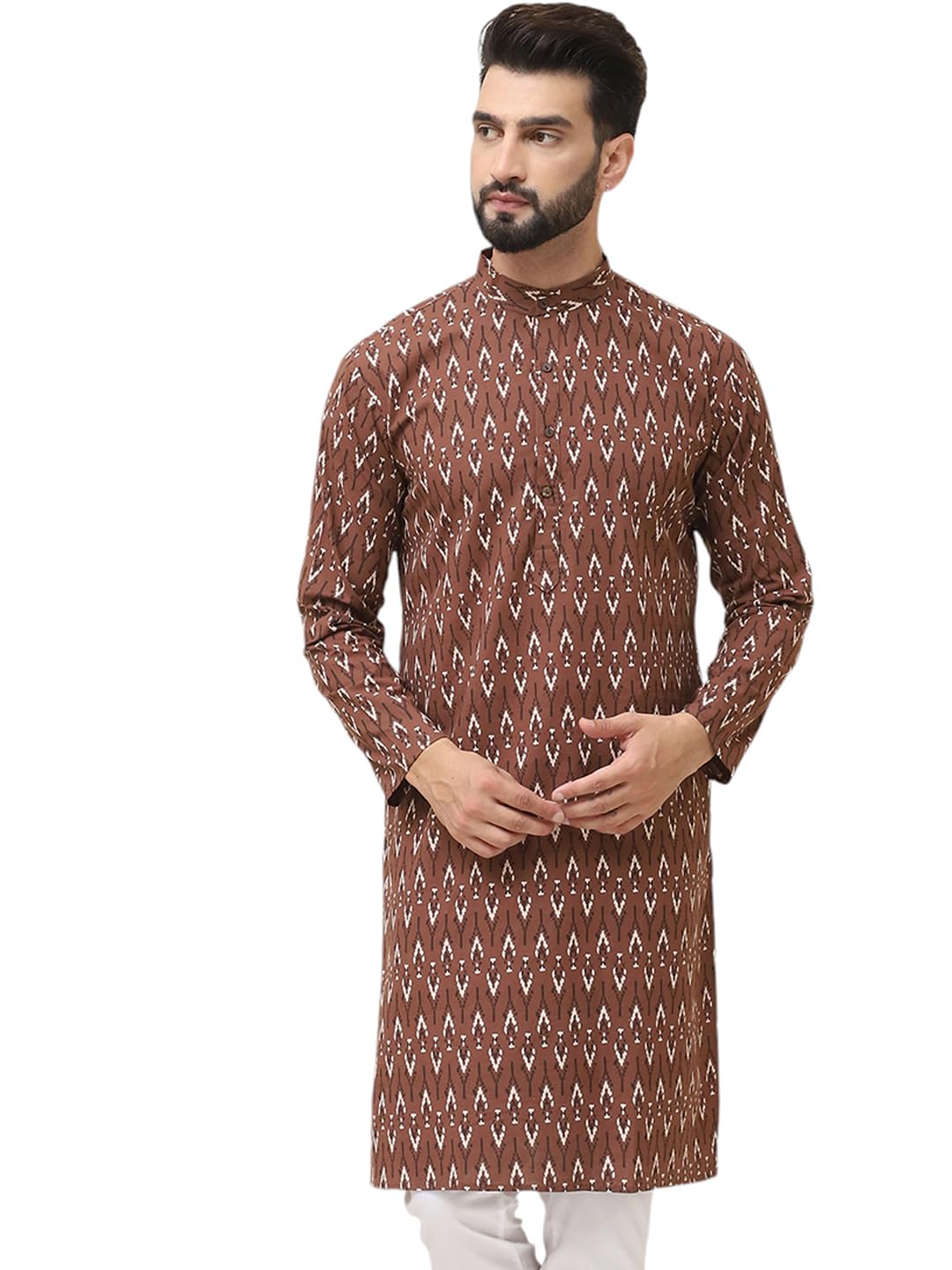 Sojanya (Since 1958 Men's Pure Cotton Brown & Cream Printed Only Long Kurta