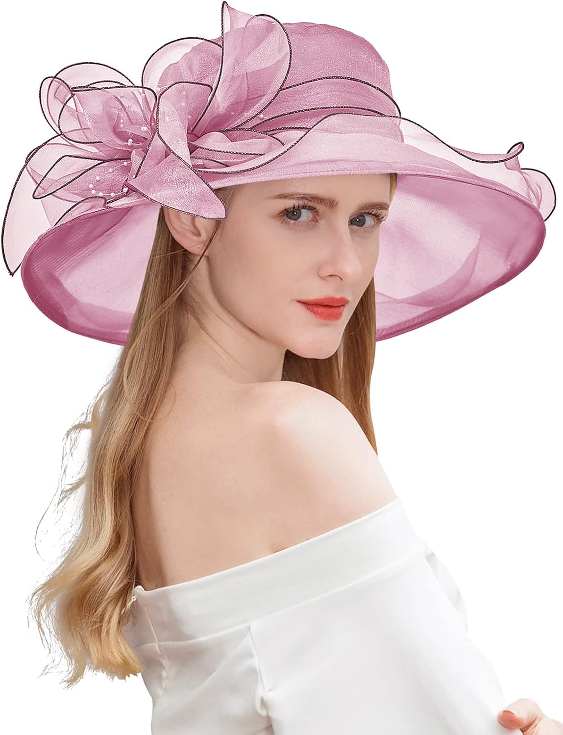 Women Derby Fascinator Hat Organza Church Wedding Hats Wide Brim Cocktail Tea Party Hat