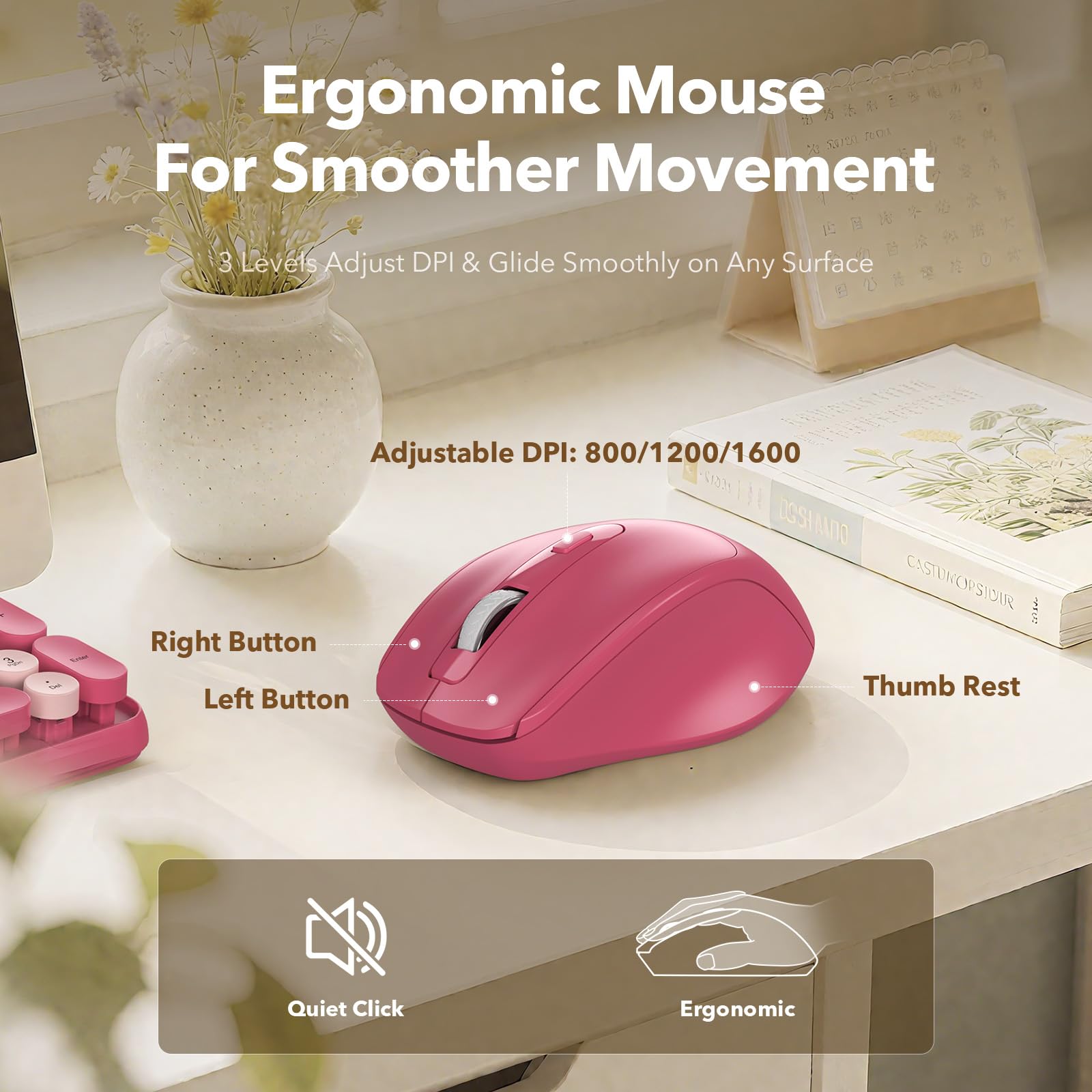 Combo Clavier Souris Sans Fil 86 Touches Rétro – Design Machine à Écrire Mignonne Rose Mix, Ergonomique 1200 DPI
