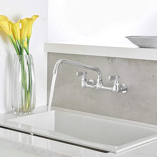 Miniatura 5 de Grifo de cocina de montaje en pared, grifo de fregadero de cocina comercial con caño giratorio de 12 pulgadas, 2 grifos de doble manija para cocina,