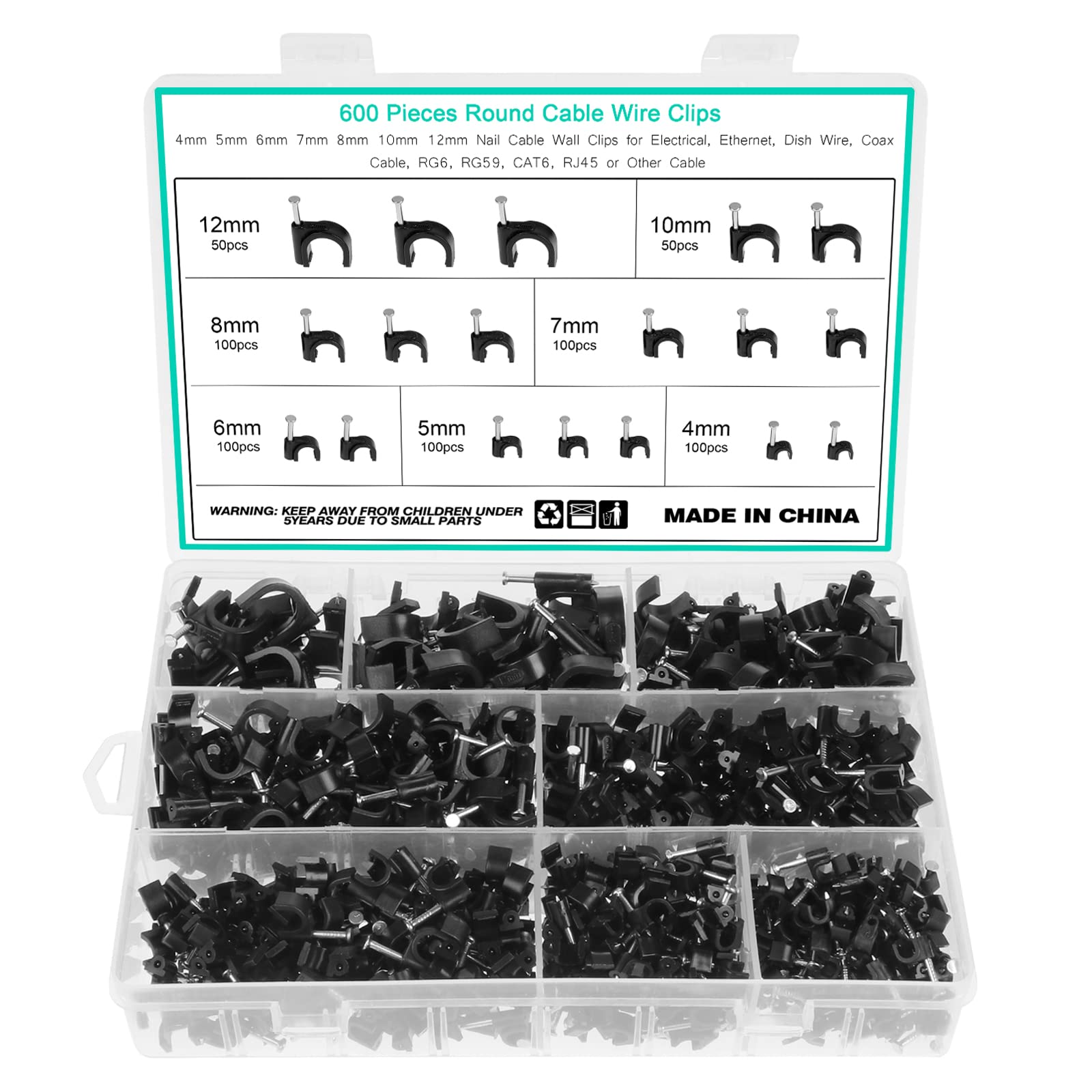 600PCS Black Cable Clips Assortment 4mm 5mm 6mm 7mm 8mm 10mm 12mm Steel Nail Cable Clips cable tacks for Cable Fixing (Black)