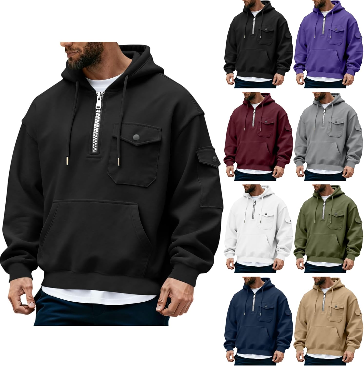 FAVIPT Quarter Zip Pullover Men Athletic Long Sleeve Work Hoodie Outdoor Hooded Sweatshirt Casual Hooodies with Pockets Black