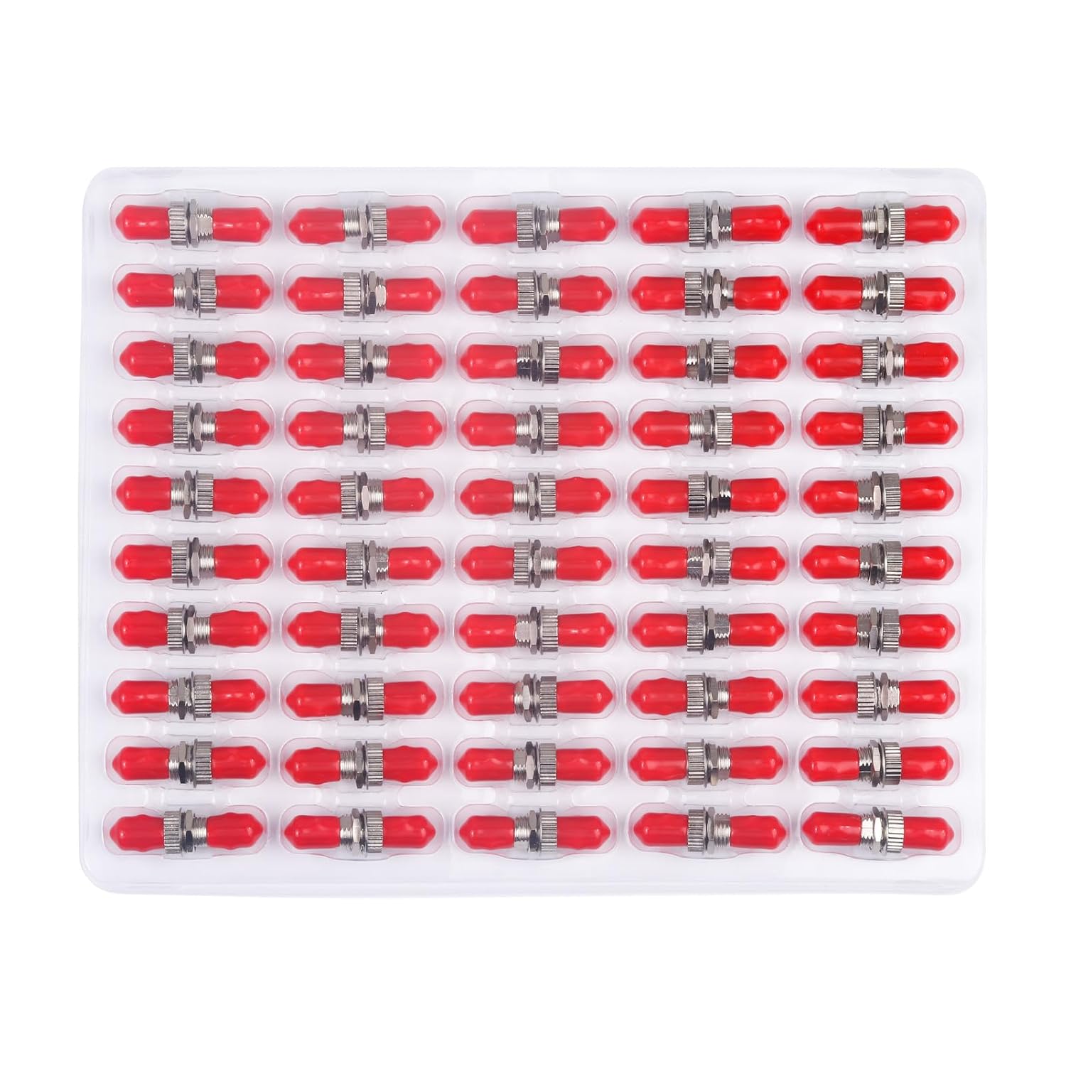 50-Pack ST to ST Fiber Optic Coupler Adapter, Simplex Single Mode & Multimode (SM/MM) Female Barrel Connector with Zirconia Ceramic Sleeve and Dust Caps (Red)