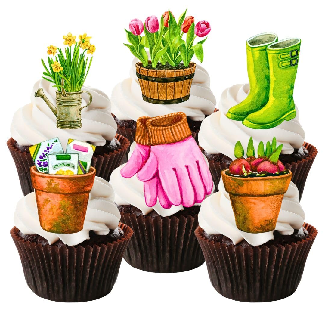 PRECUT Gardening Cupcake Toppers, Plant Theme Edible Garden Cake Decoration, Gardener Party Decorations, Allotment Topper, Vegetable Garden Cupcake-Toppers - 2 Inches/5cm (Set of 12)
