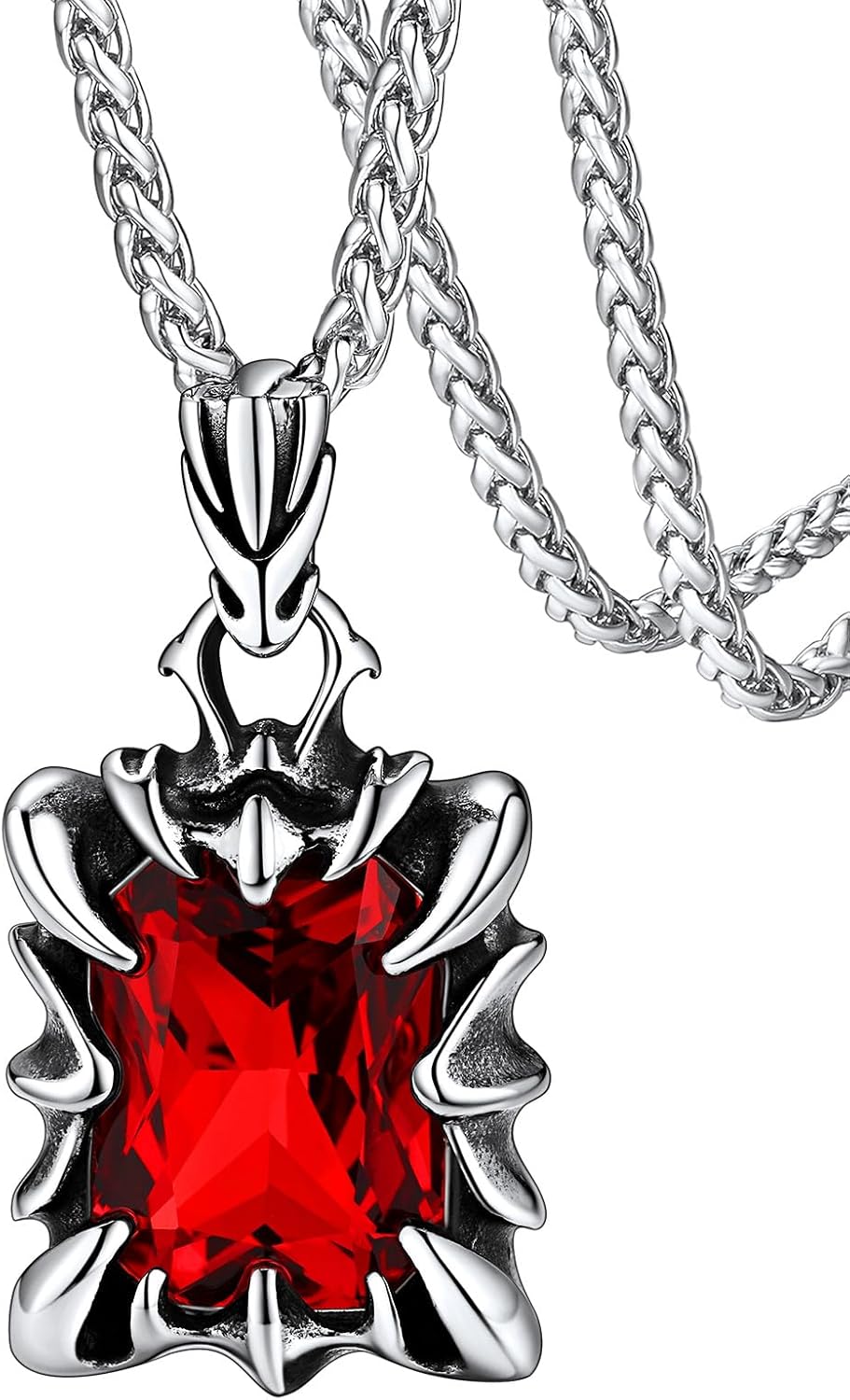 FaithHeart Gothic Dragon Claw Necklace for Men, Punk Biker Stainless Steel Amulet Pendant with Black/Red/Green/Blue Gemstone, Gift Box