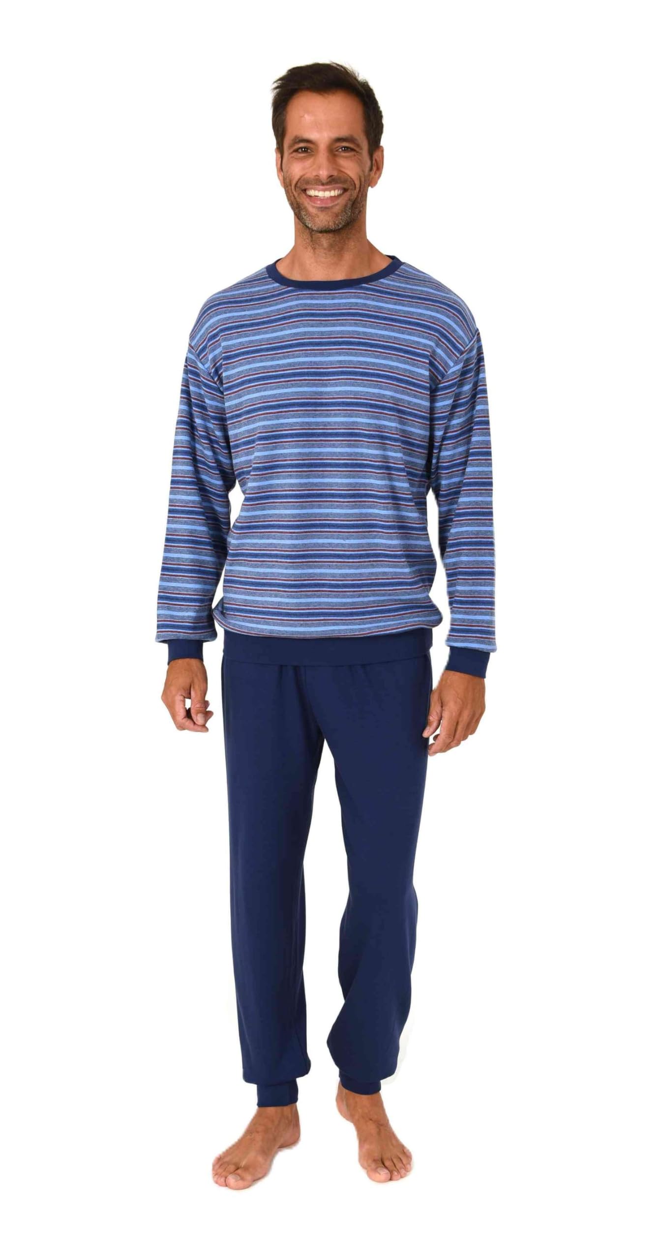 Normann Men's Long Pyjamas in Warm Cuddly Interlock Quality in Striped Look, navy, 46