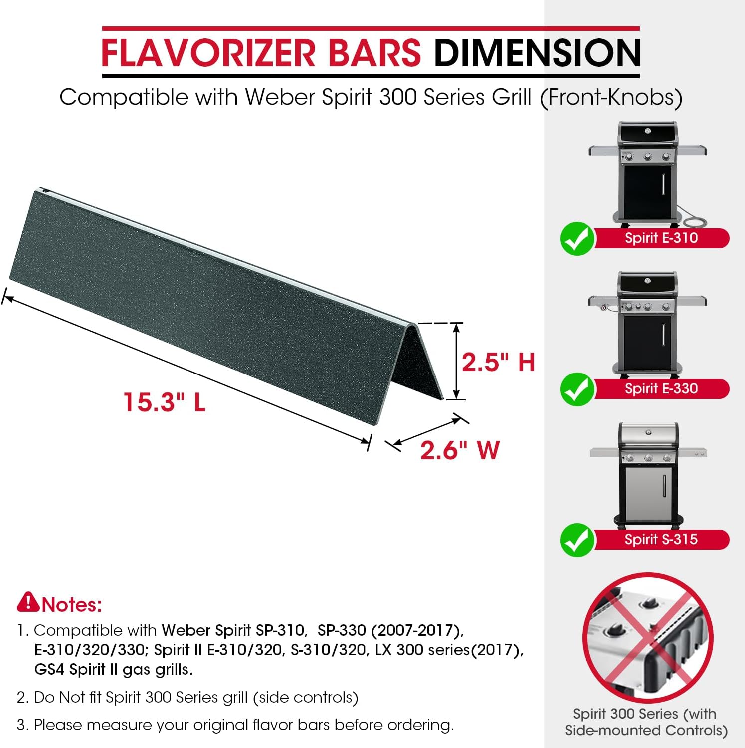 Unicook 7636 15.3 Inch Grill Flavorizer Bars Replacement Parts for Weber Spirit I & II & GS4 300 Series and Spirit E/S 310 320 330, Thick Porcelain Grill Heat Plates Burner Covers 5 Pack