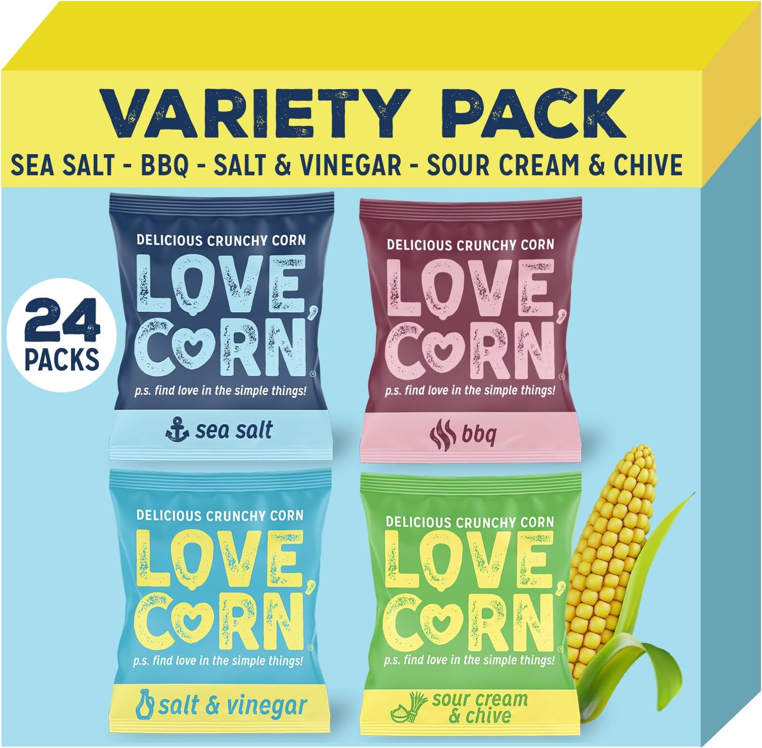 LOVE CORN Variety Pack (6 Sea Salt, 6 BBQ, 6 Salt & Vinegar, 6 Sour Cream & Chive 20g) – Healthy Snacks Ideal for Gluten Free & Vegan Diets – Low Sugar Alternative for Crisps and Mixed Nuts