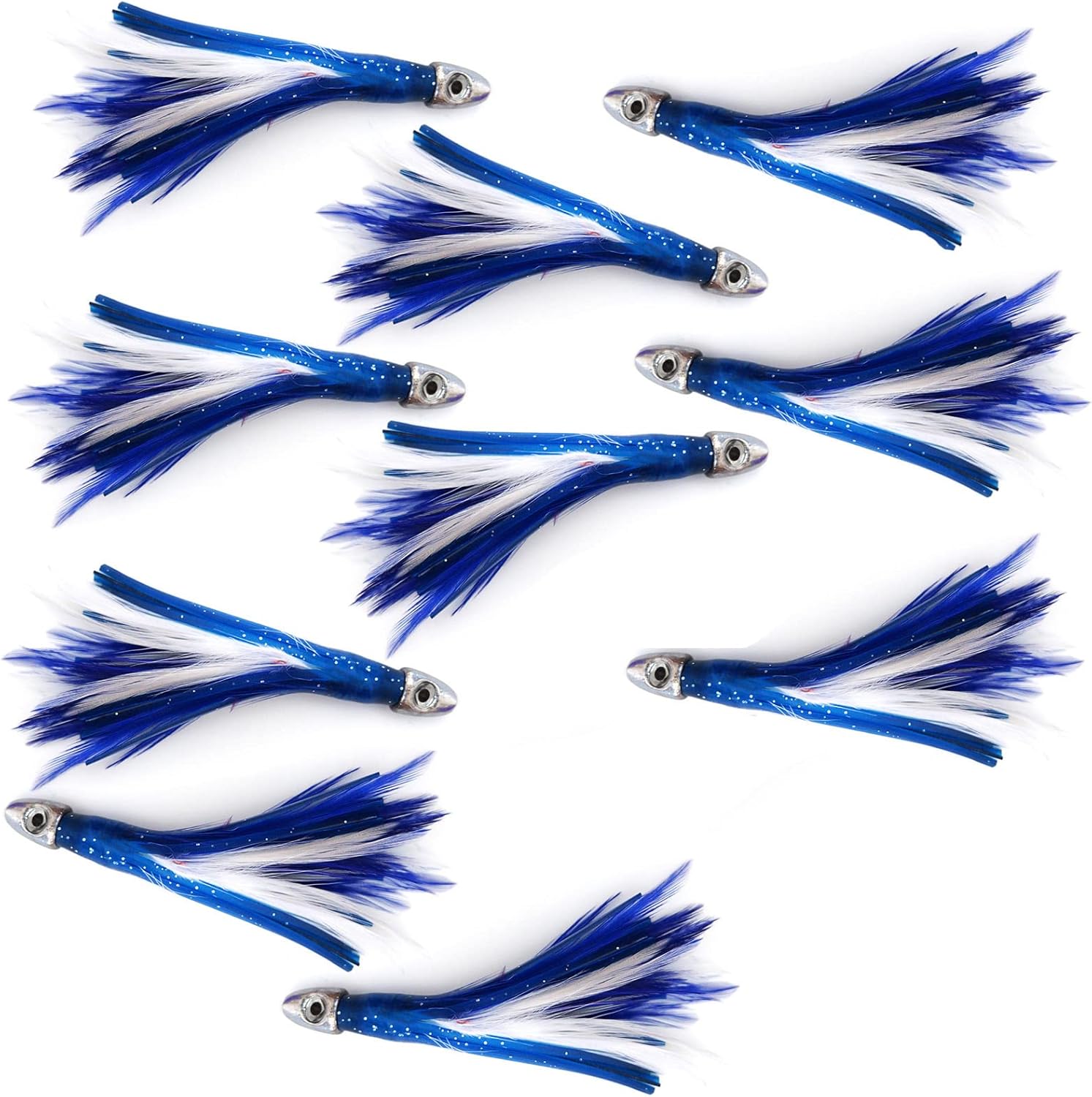 10pcs Fish WOW!® 4" mini Feather 1/2oz Bullet Chrome Head Trolling Blue White Feather unrigged Tuna Lure Squid Skirt