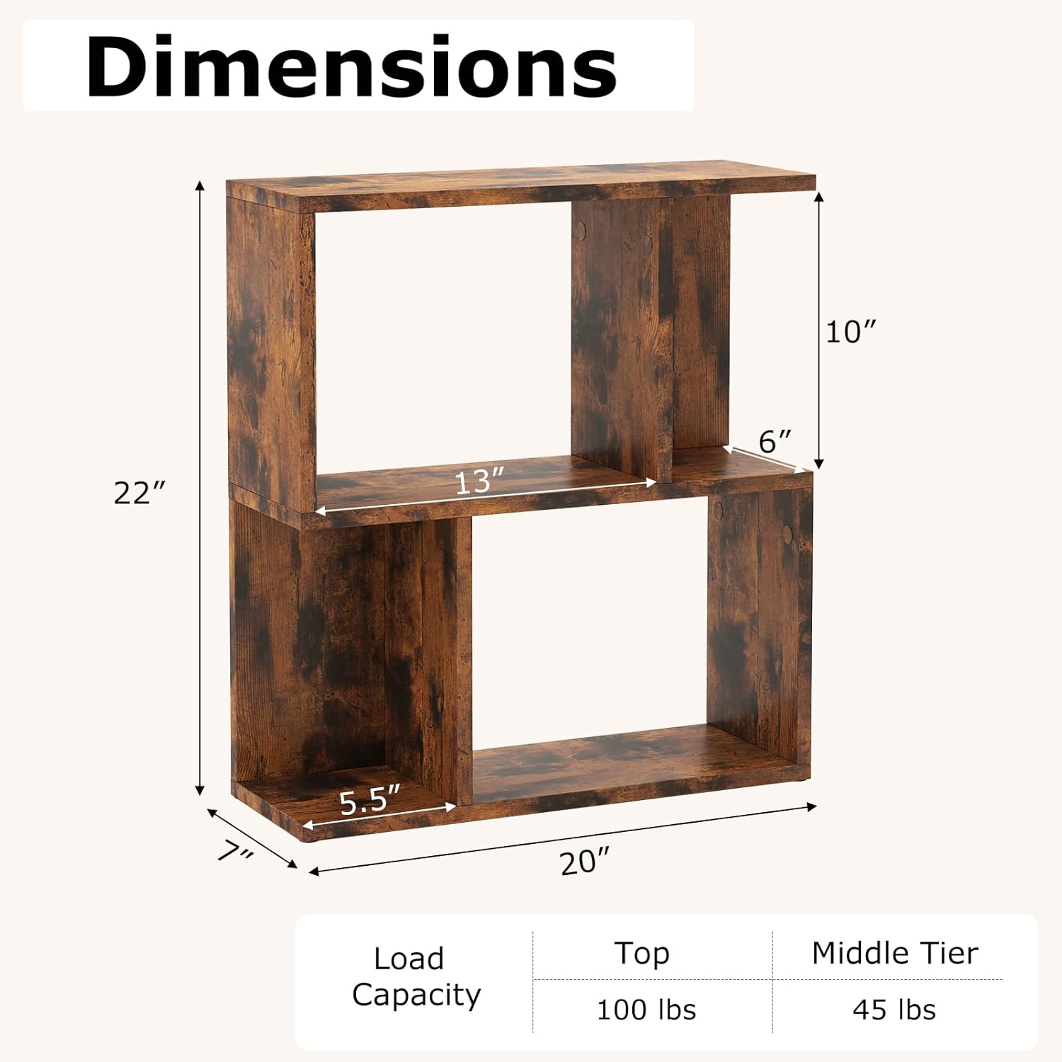 Giantex 3-Tier S-Shaped Bookshelf, Modern Geometric Bookcase, Freestanding Display Shelf for Small Space, Versatile Side Table, Wooden Storage Organizer for Home Office, Living Room (1,Rustic Brown)