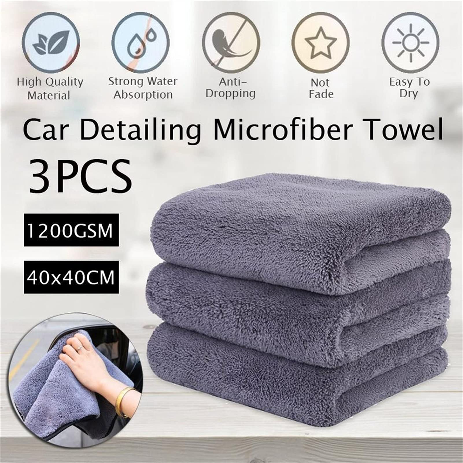 3pcs/set Car Wash 1200G.SM Car Detailing Toalla de microfibra Limpieza de autos Secado Grueso Lavado de autos Trapo para el cuidado de la cocina del automóvil Paño (Color : Grey, Material : Coral Fl