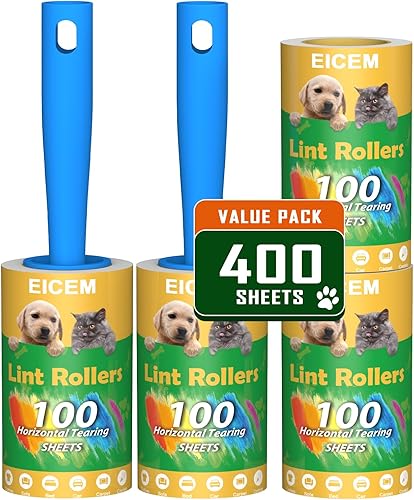 Rodillos de pelusa para pelo de mascotas extra pegajosos, juego de 400 hojas de rodillo de pelusa con 2 asas mejoradas, rodillo de pelusa para