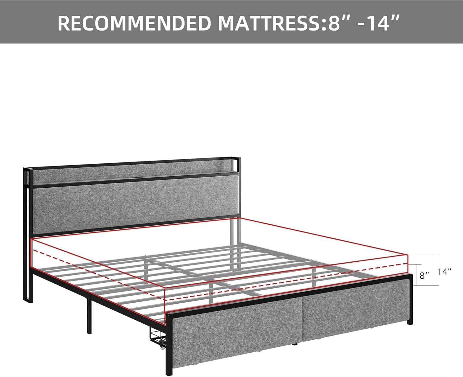 GAOMON King Size Bed Frame with Charging Station and 2 Storage Drawer, Upholstered Platform Bed with Headboard, USB Port & Outlets, No Box Spring Needed Storage Bed, Noise Free, Easy Assemble, Grey