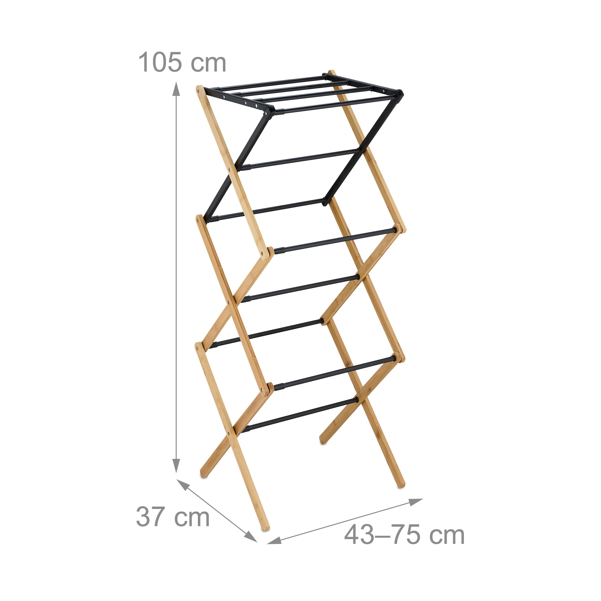 Relaxdays Stendibiancheria Pieghevole, Stendino Verticale a Torre, 11 Aste, Mollette, 105x43-75x37 cm, bambù e Acciaio