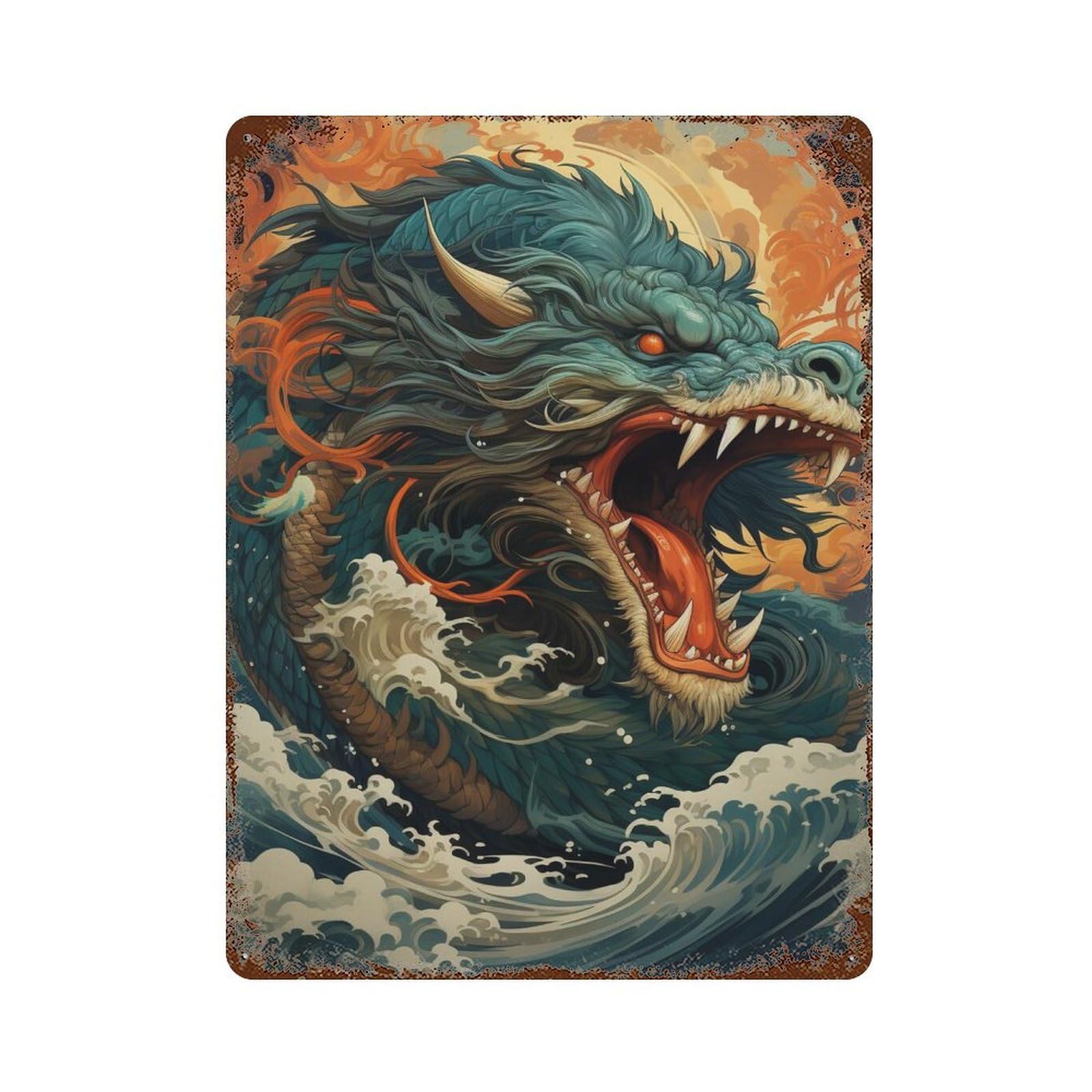 Dragon Sea Art Print Aged Metal Wall Plaque 15.7"x11.8", for Office, Studio And Wall Decor, Novelty Wall Decor